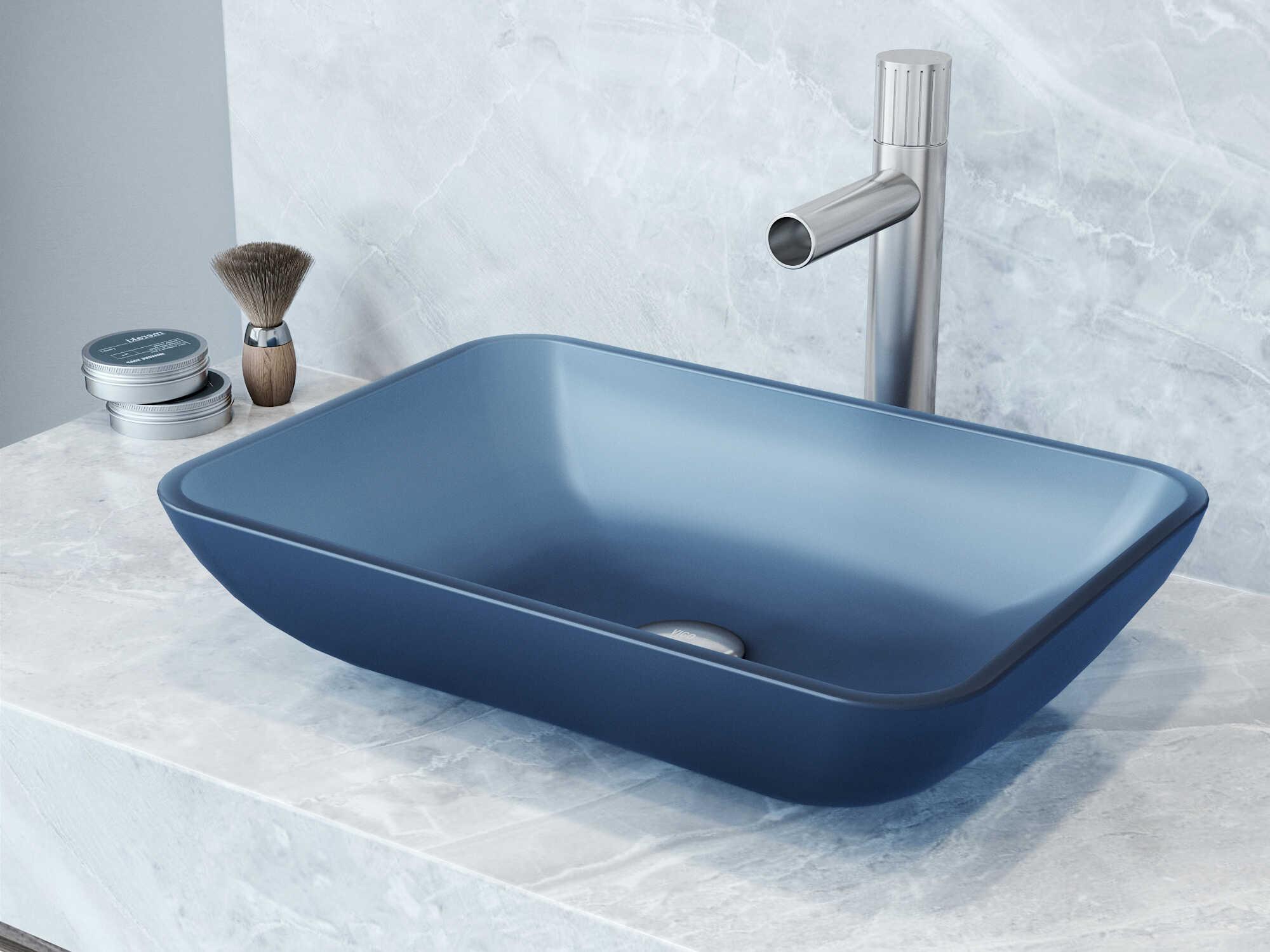 Vigo Matte Shell Sottile Royal Blue Glass Rectangular Vessel Bathroom Sink