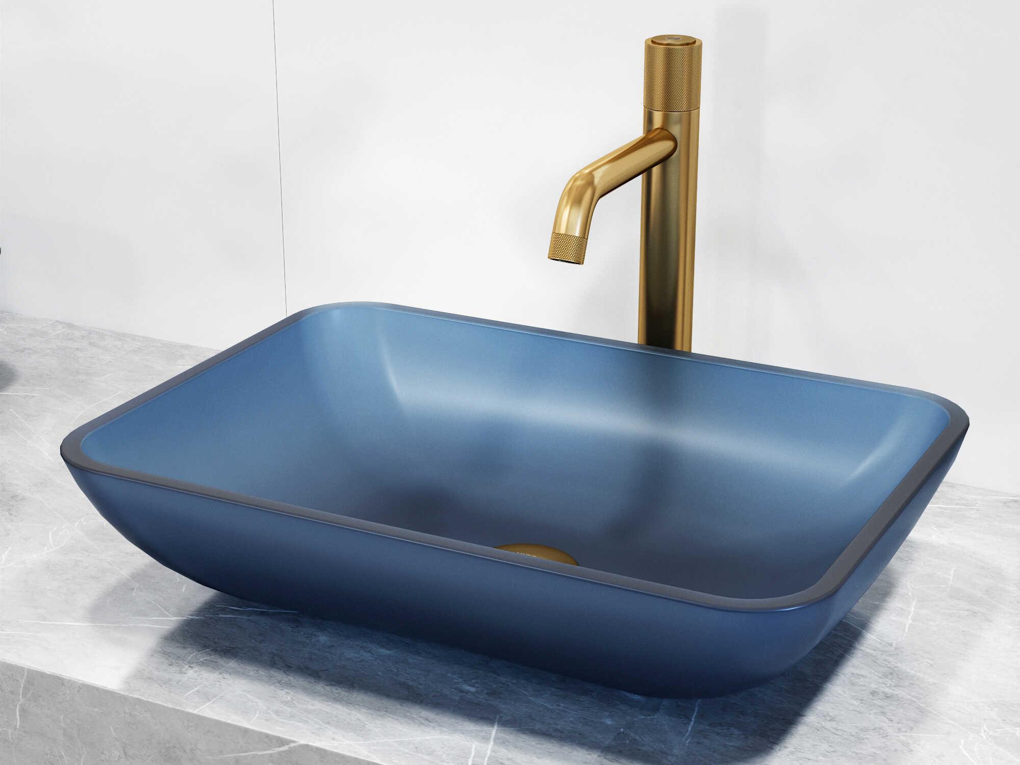 Vigo Matte Shell Sottile Royal Blue Glass Rectangular Vessel Bathroom Sink