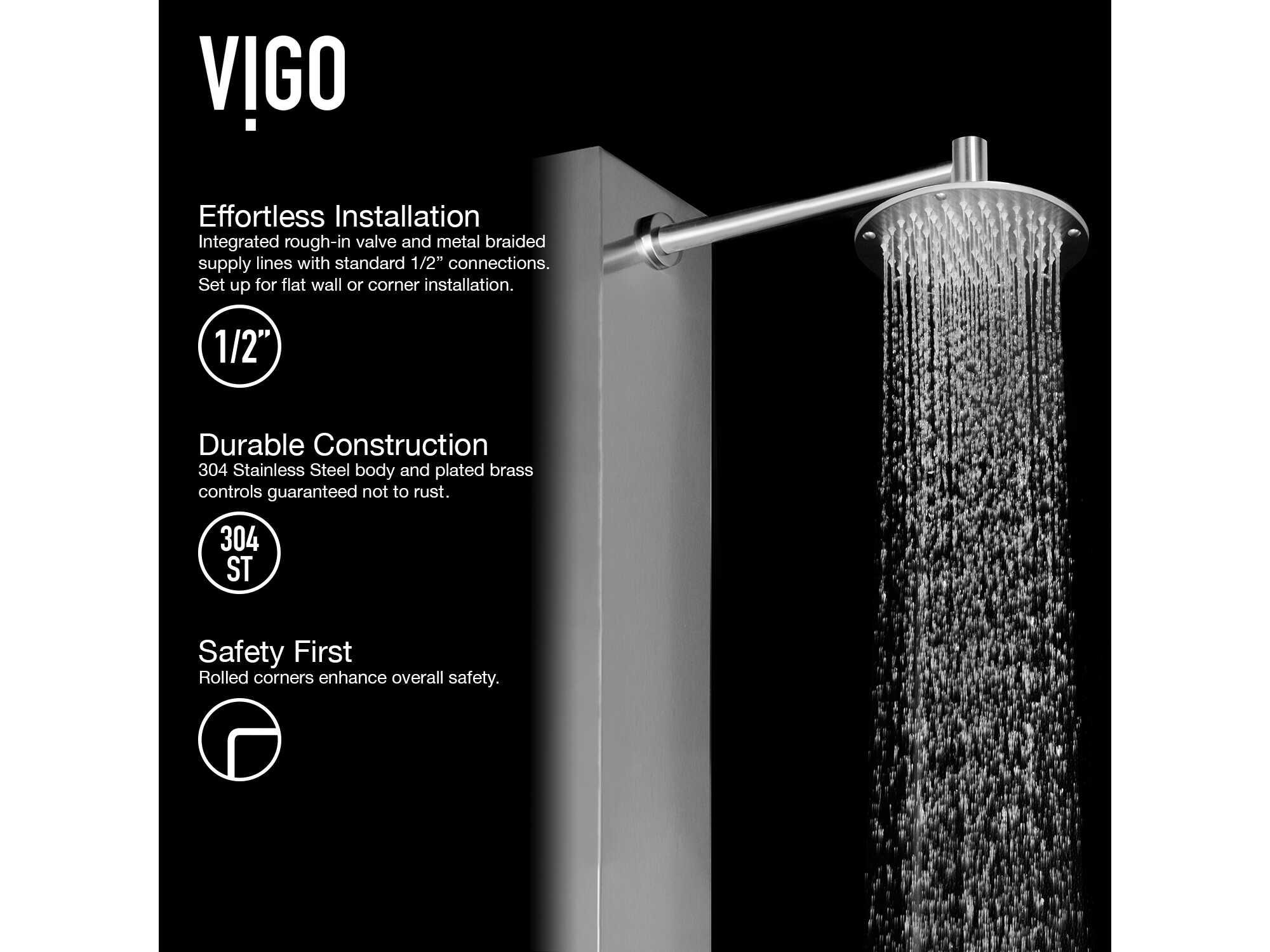 Vigo Dilana Stainless Steel 6-Jet Shower Panel System with Adjustable Round Head and Hand Shower Wand