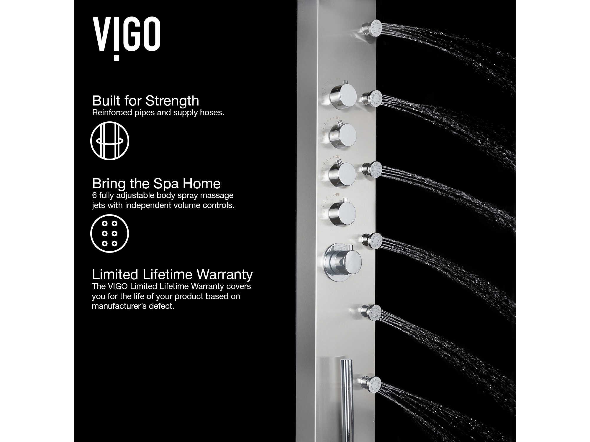 Vigo Brielle Stainless Steel 6-Jet Shower Panel System with Fixed Rainhead and Hand Shower Wand