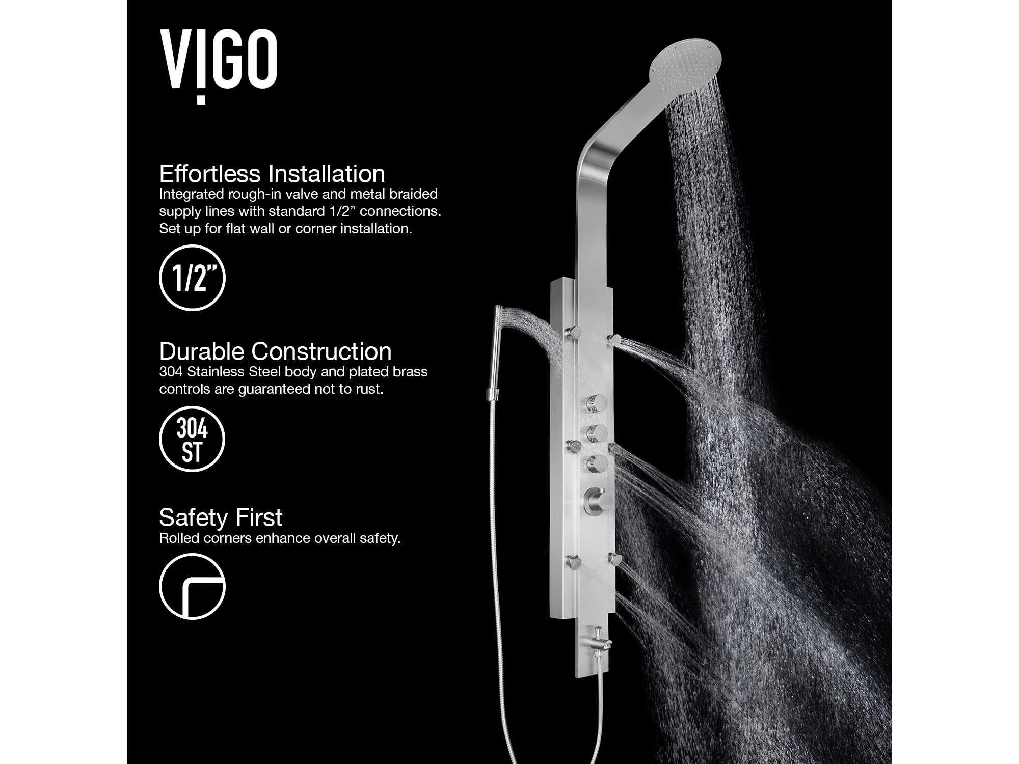 Vigo Mateo Stainless Steel 6-Jet Shower Panel System with Fixed Rainhead and Hand Shower Wand