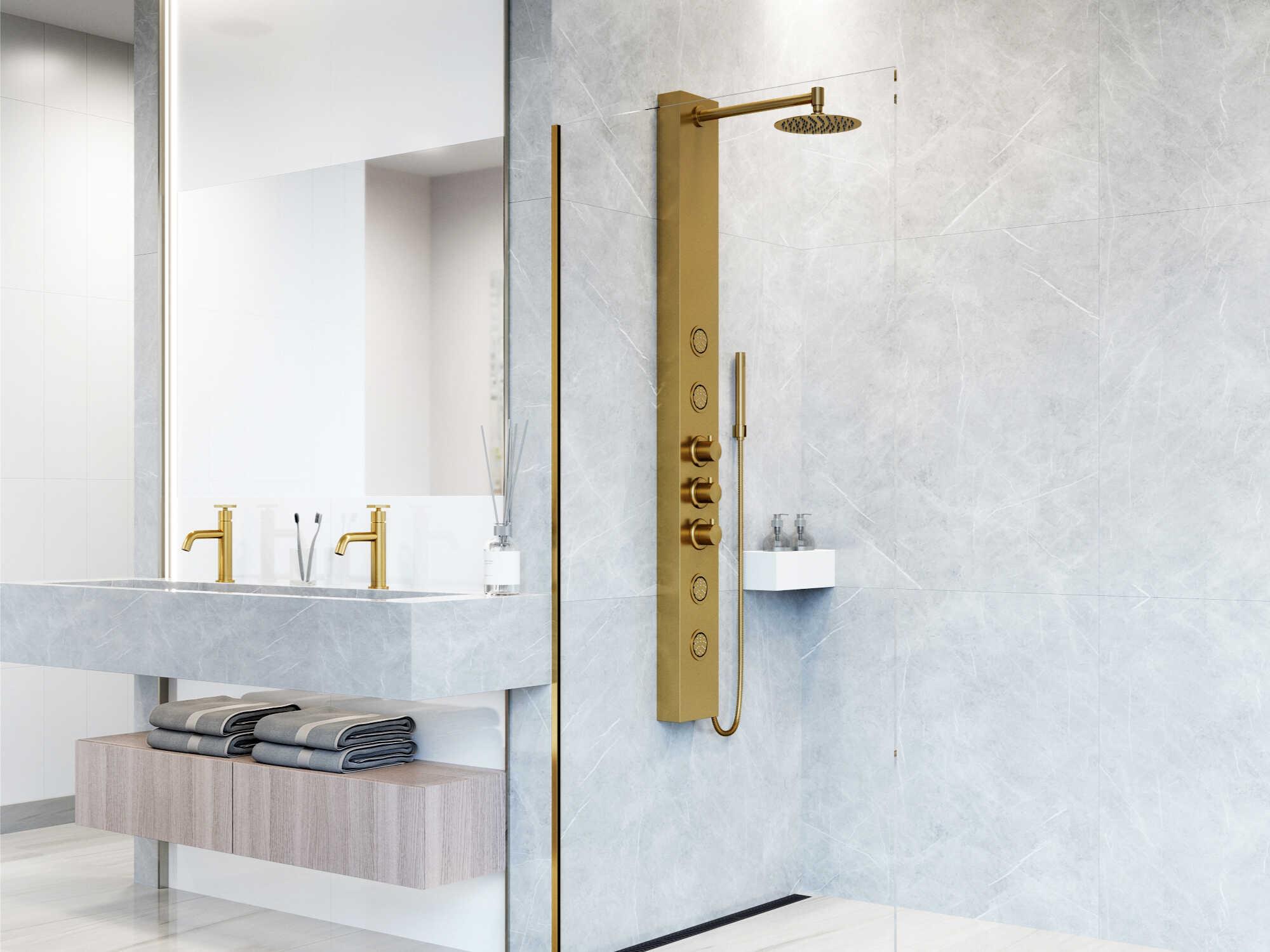 Vigo Ellington Matte Brushed Gold 4-Jet Shower Panel System with Round Head and Hand Shower Wand