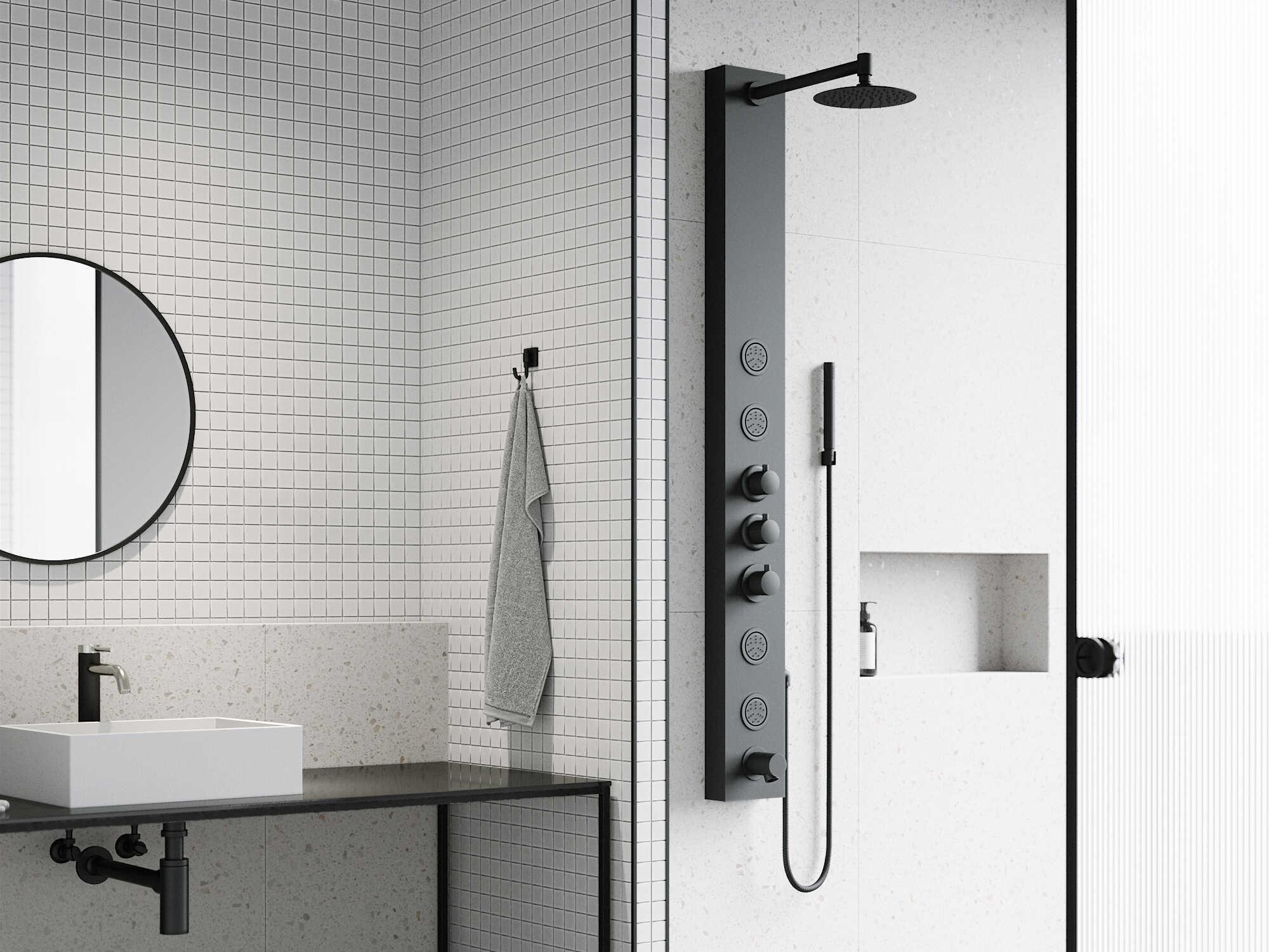 Vigo Bowery 4-Jet Shower Panel System with Round Head, Tub Filler and Hand Shower Wand