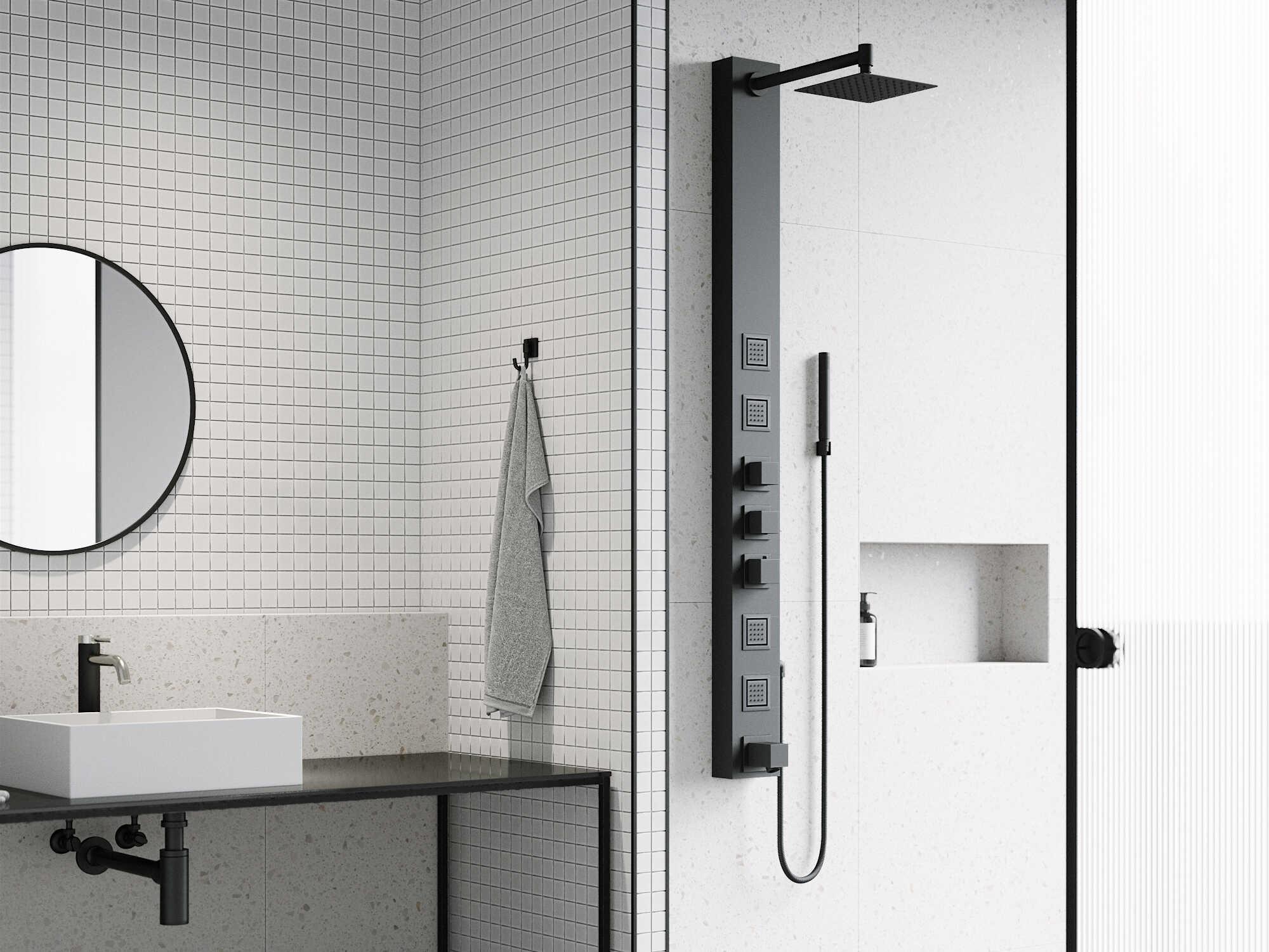 Vigo Bowery 4-Jet Shower Panel System with Square Rainhead, Tub Filler and Hand Shower Wand