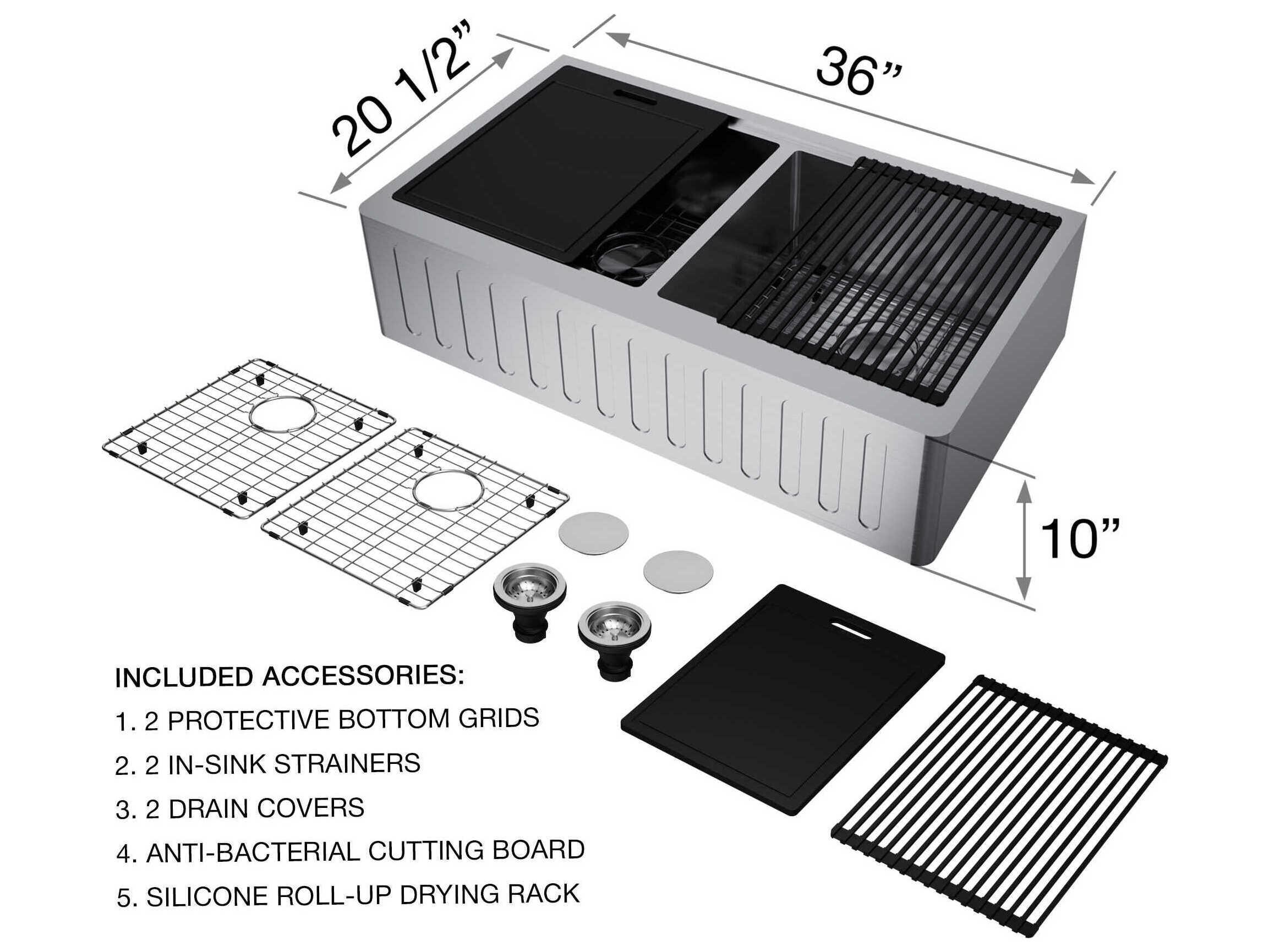 Vigo Oxford Stainless Steel 36" Rectangular Double-Bowl Farmhouse Kitchen Sink with Matte Gold / Matte Black Brant Faucet