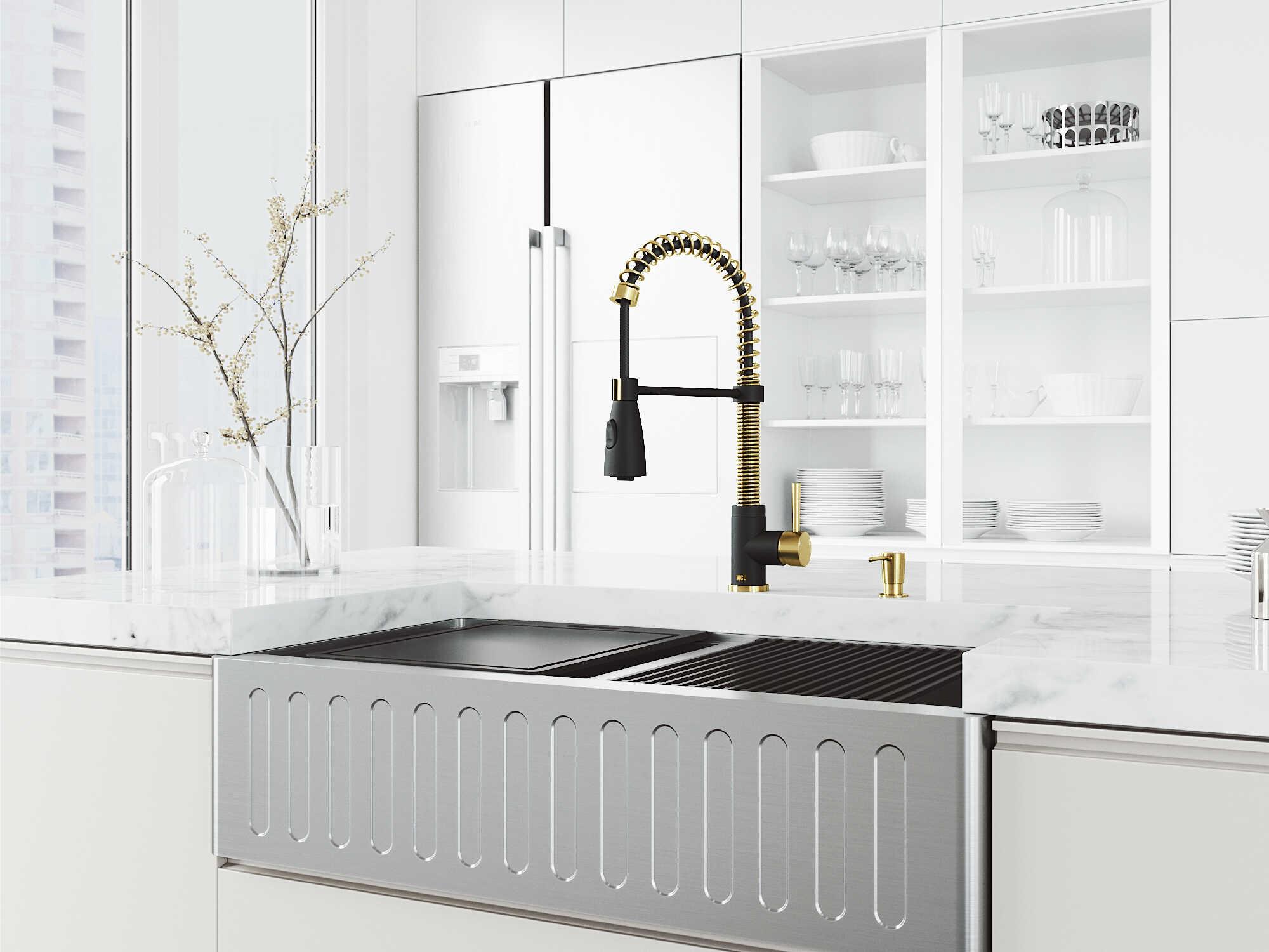 Vigo Oxford Stainless Steel 36" Rectangular Double-Bowl Farmhouse Kitchen Sink with Matte Gold / Matte Black Brant Faucet