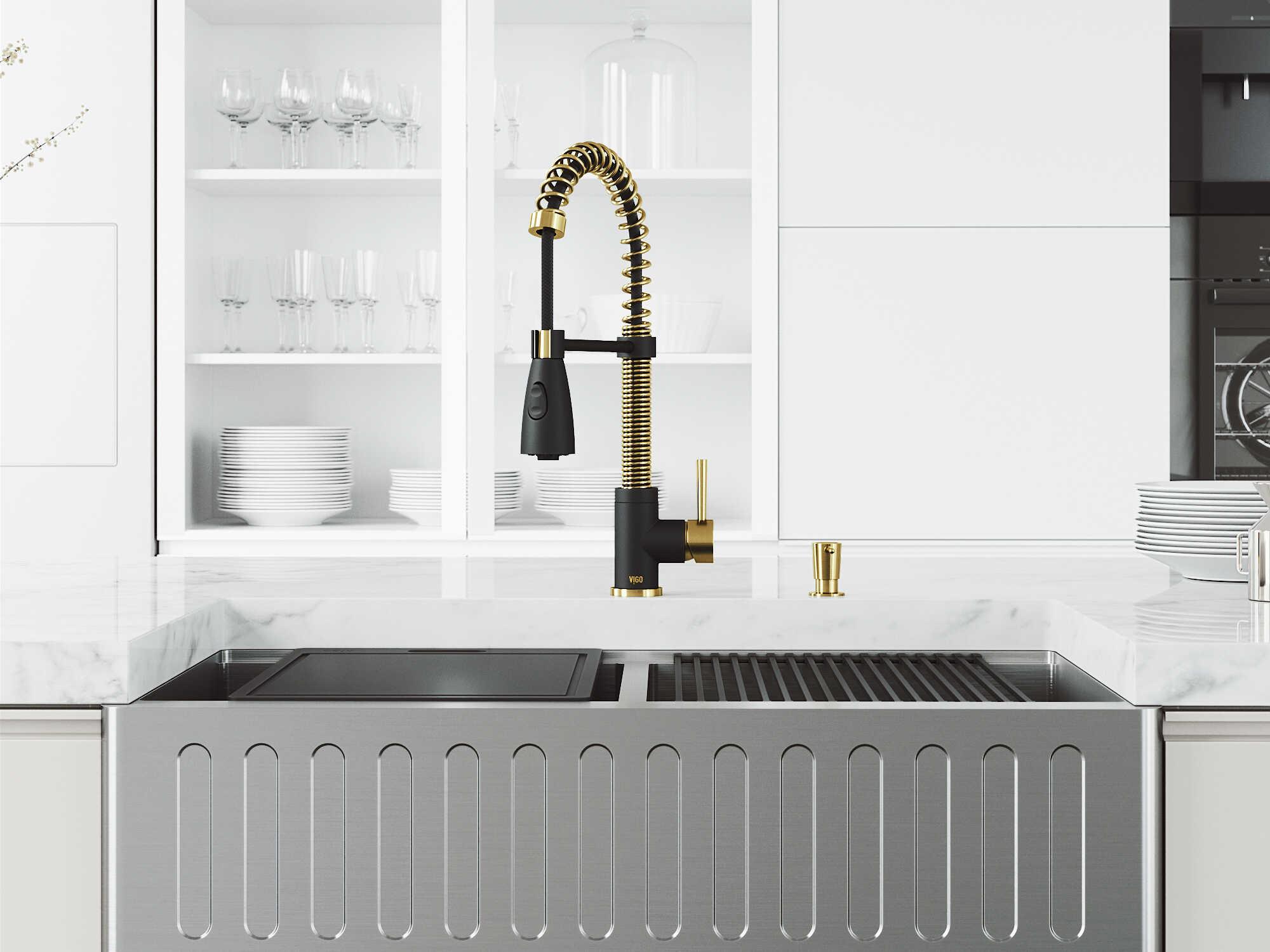 Vigo Oxford Stainless Steel 36" Rectangular Double-Bowl Farmhouse Kitchen Sink with Matte Gold / Matte Black Brant Faucet