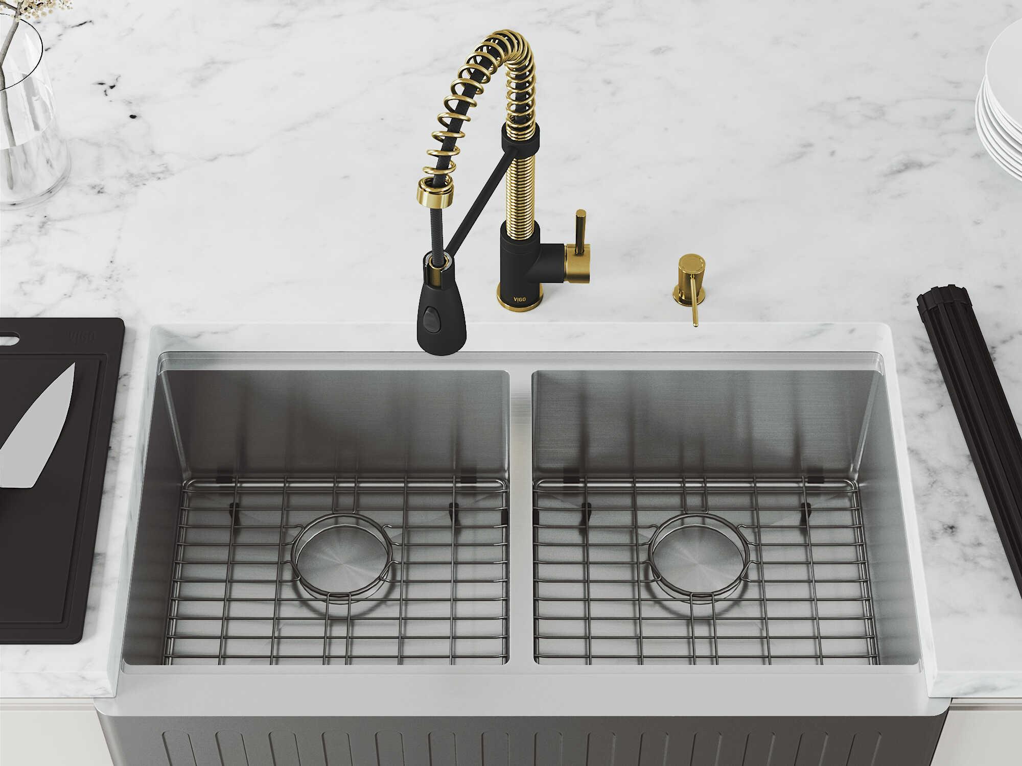 Vigo Oxford Stainless Steel 36" Rectangular Double-Bowl Farmhouse Kitchen Sink with Matte Gold / Matte Black Brant Faucet