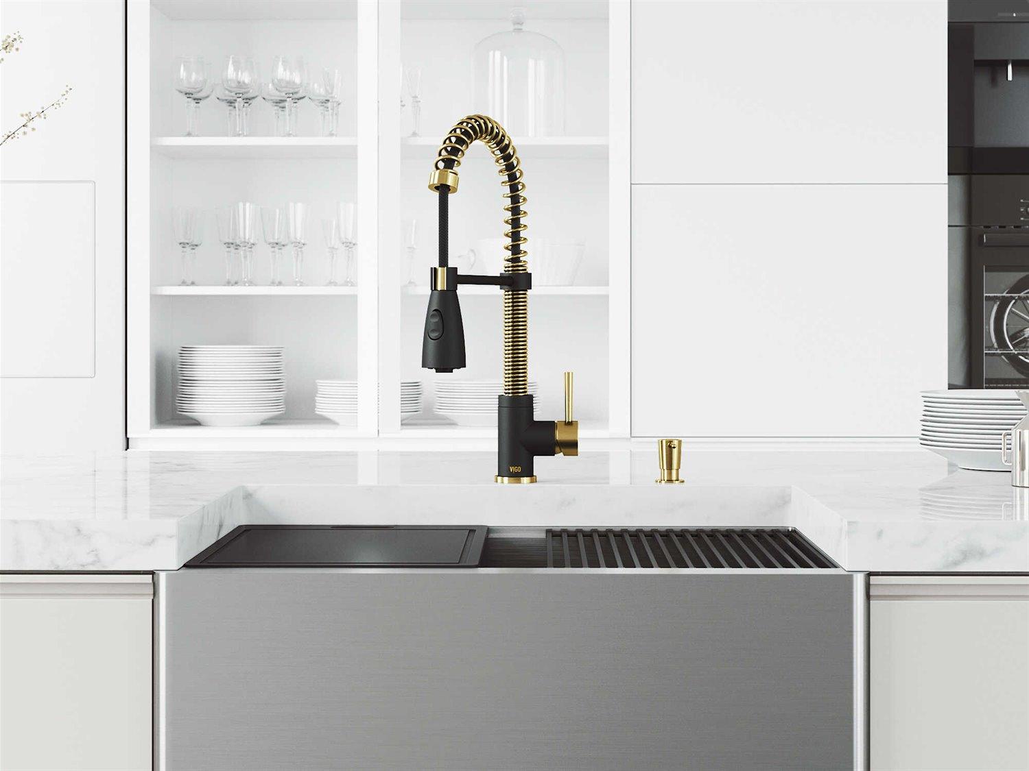 Vigo Oxford Stainless Steel 30" Rectangular Single-Bowl Farmhouse Kitchen Sink with Matte Gold / Matte Black Brant Faucet
