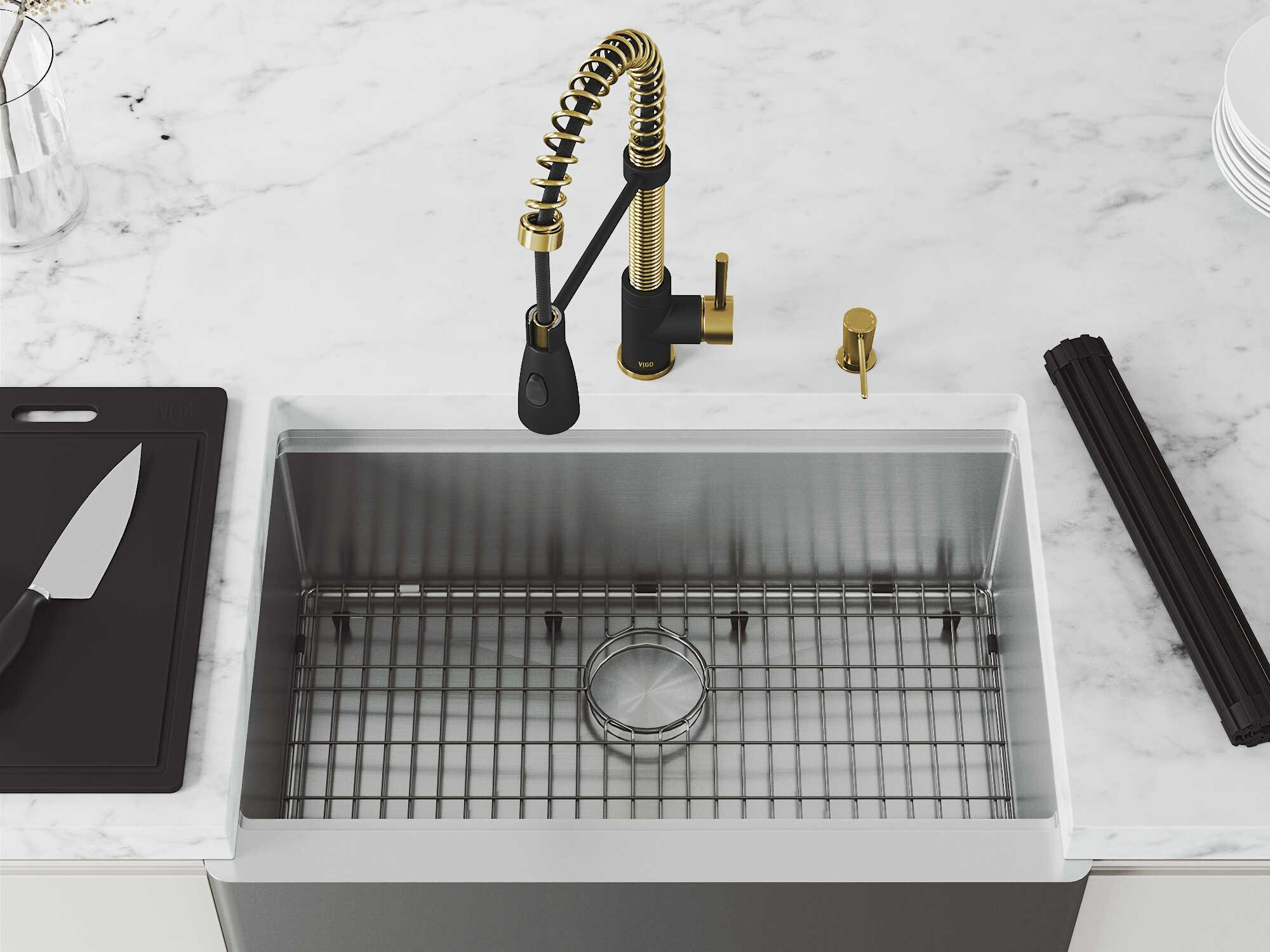 Vigo Oxford Stainless Steel 30" Rectangular Single-Bowl Farmhouse Kitchen Sink with Matte Gold / Matte Black Brant Faucet