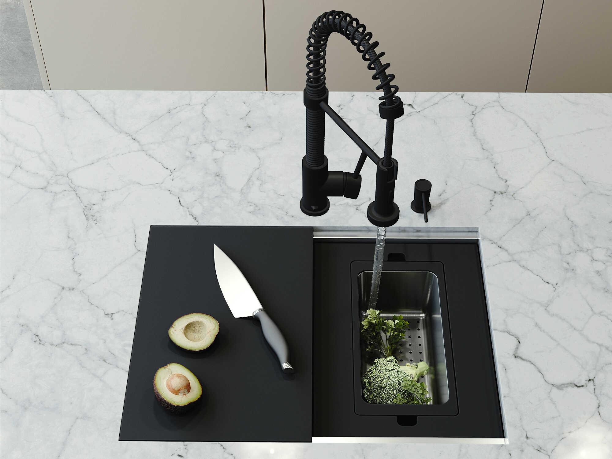 Vigo Hampton Stainless Steel Single Bowl Undermount Workstation Kitchen Sink with Matte Black Faucet and Accessories