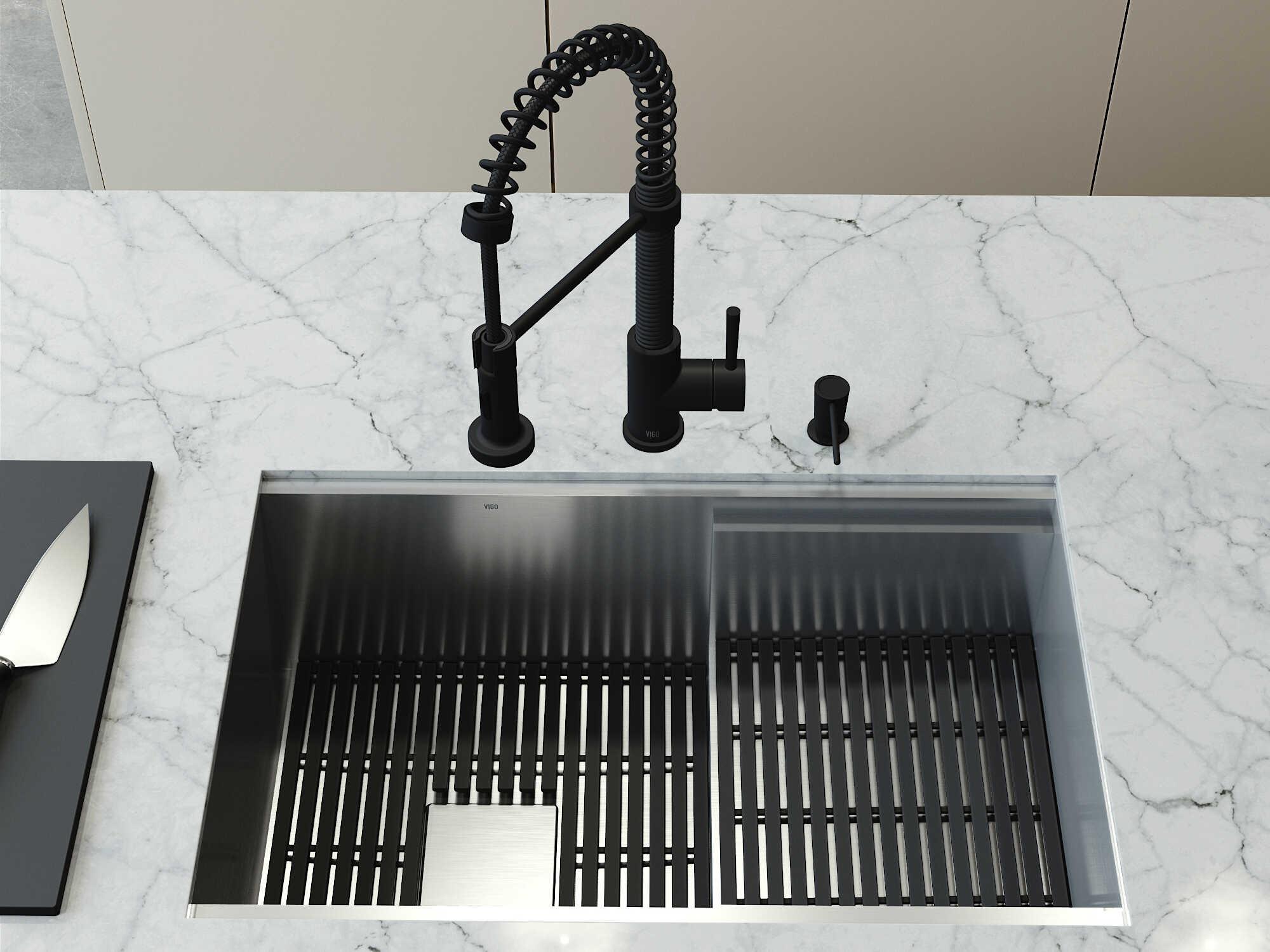 Vigo Hampton Stainless Steel Single Bowl Undermount Workstation Kitchen Sink with Matte Black Faucet and Accessories