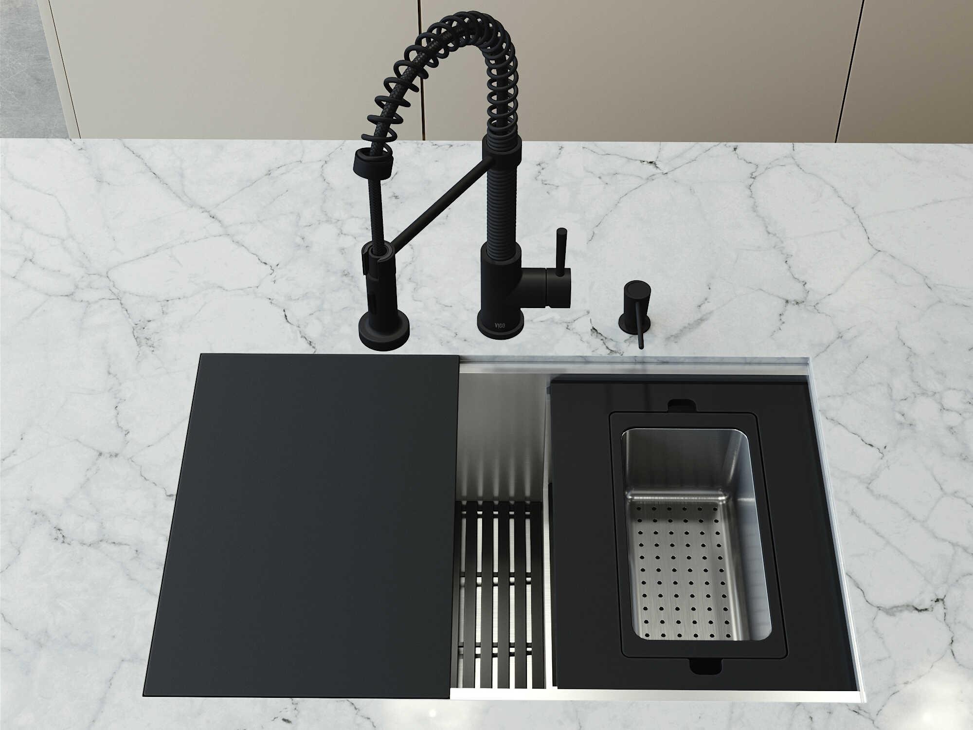 Vigo Hampton Stainless Steel Single Bowl Undermount Workstation Kitchen Sink with Matte Black Faucet and Accessories