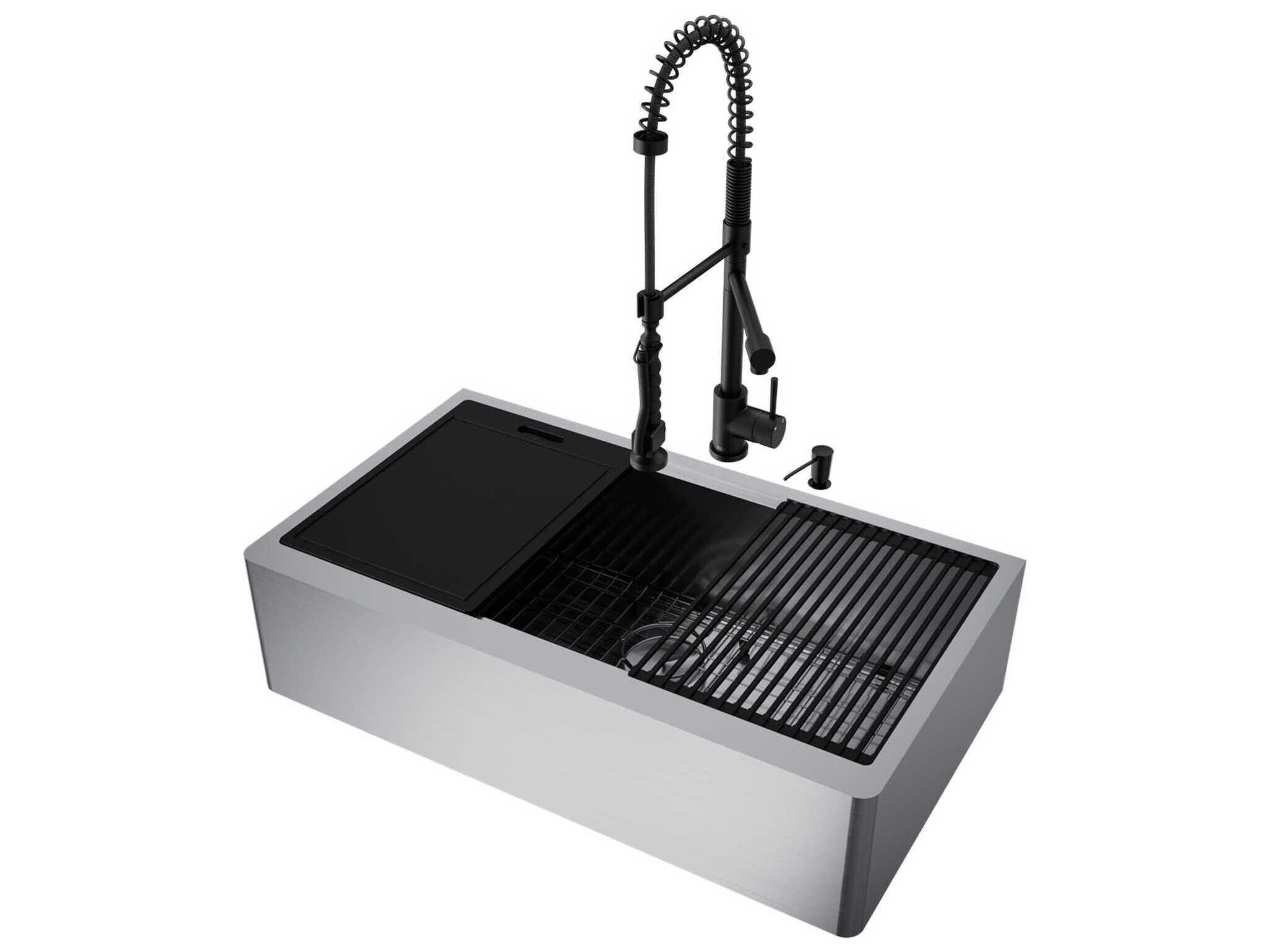 Vigo Oxford Stainless Steel 36" Rectangular Single-Bowl Undermount Flat-Front Farmhouse Kitchen Sink with Matte Black Pull-Down Sprayer Zurich Faucet and Soap Dispenser