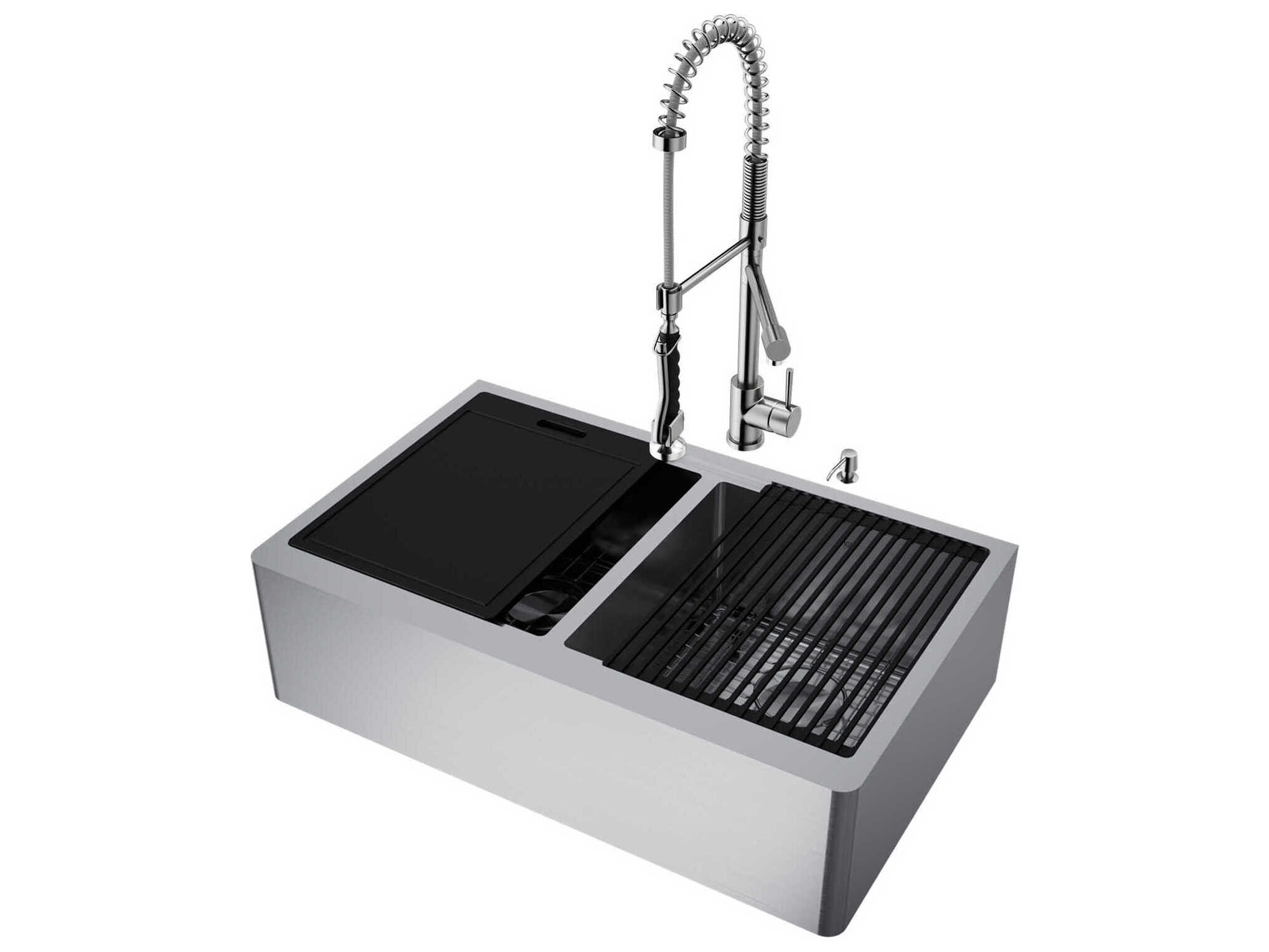 Vigo Oxford Stainless Steel 33" Rectangular Double-Bowl Undermount Flat-Front Farmhouse Kitchen Sink with Pull-Down Sprayer Zurich Faucet and Soap Dispenser
