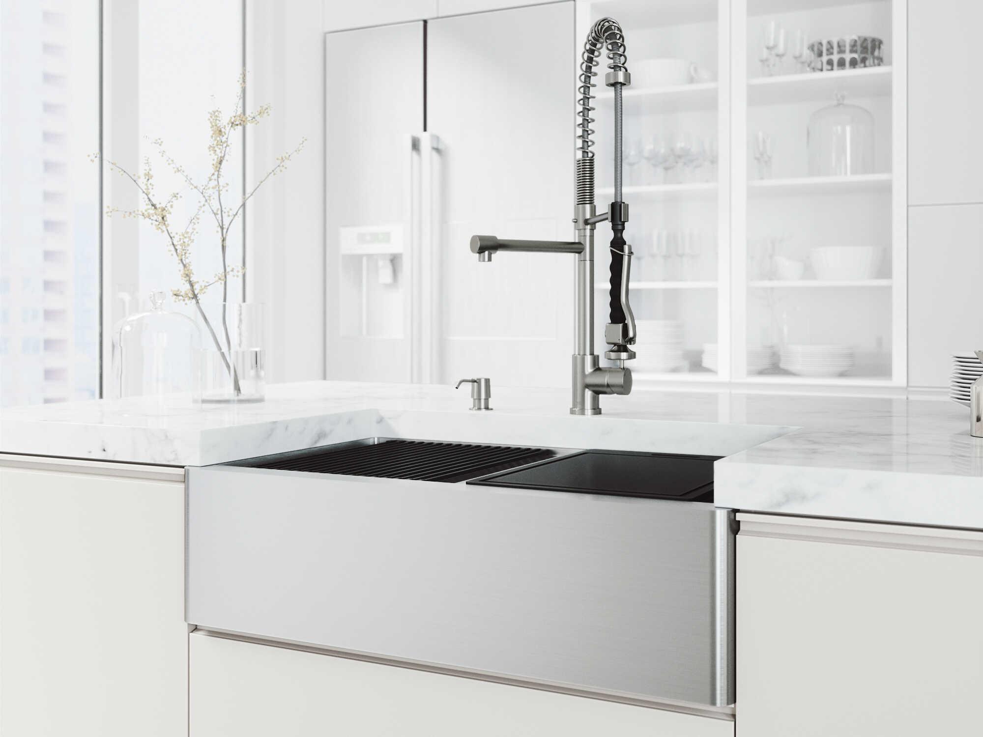 Vigo Oxford Stainless Steel 33" Rectangular Double-Bowl Undermount Flat-Front Farmhouse Kitchen Sink with Pull-Down Sprayer Zurich Faucet and Soap Dispenser