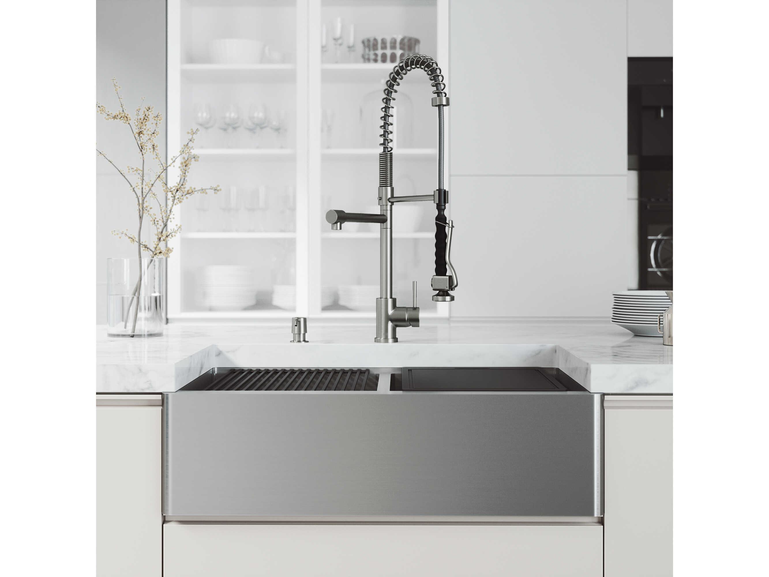Vigo Oxford Stainless Steel 33" Rectangular Double-Bowl Undermount Flat-Front Farmhouse Kitchen Sink with Pull-Down Sprayer Zurich Faucet and Soap Dispenser