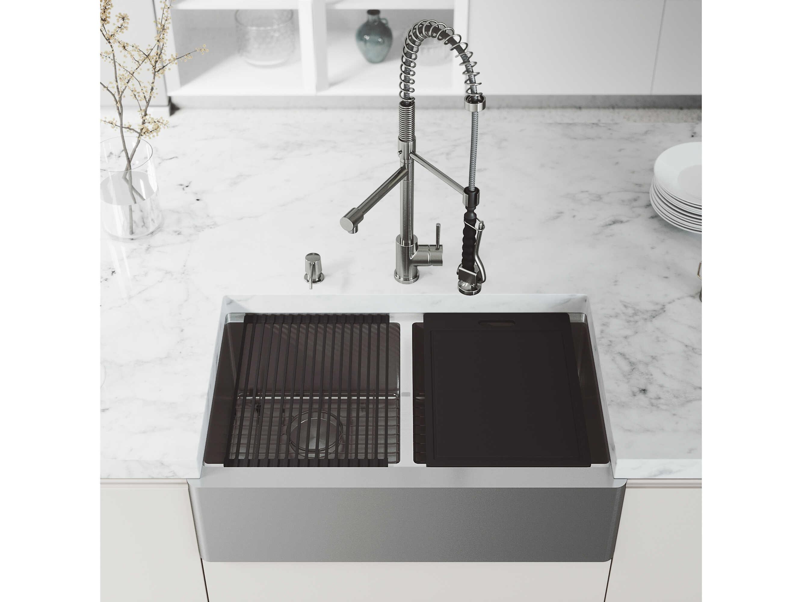 Vigo Oxford Stainless Steel 33" Rectangular Double-Bowl Undermount Flat-Front Farmhouse Kitchen Sink with Pull-Down Sprayer Zurich Faucet and Soap Dispenser