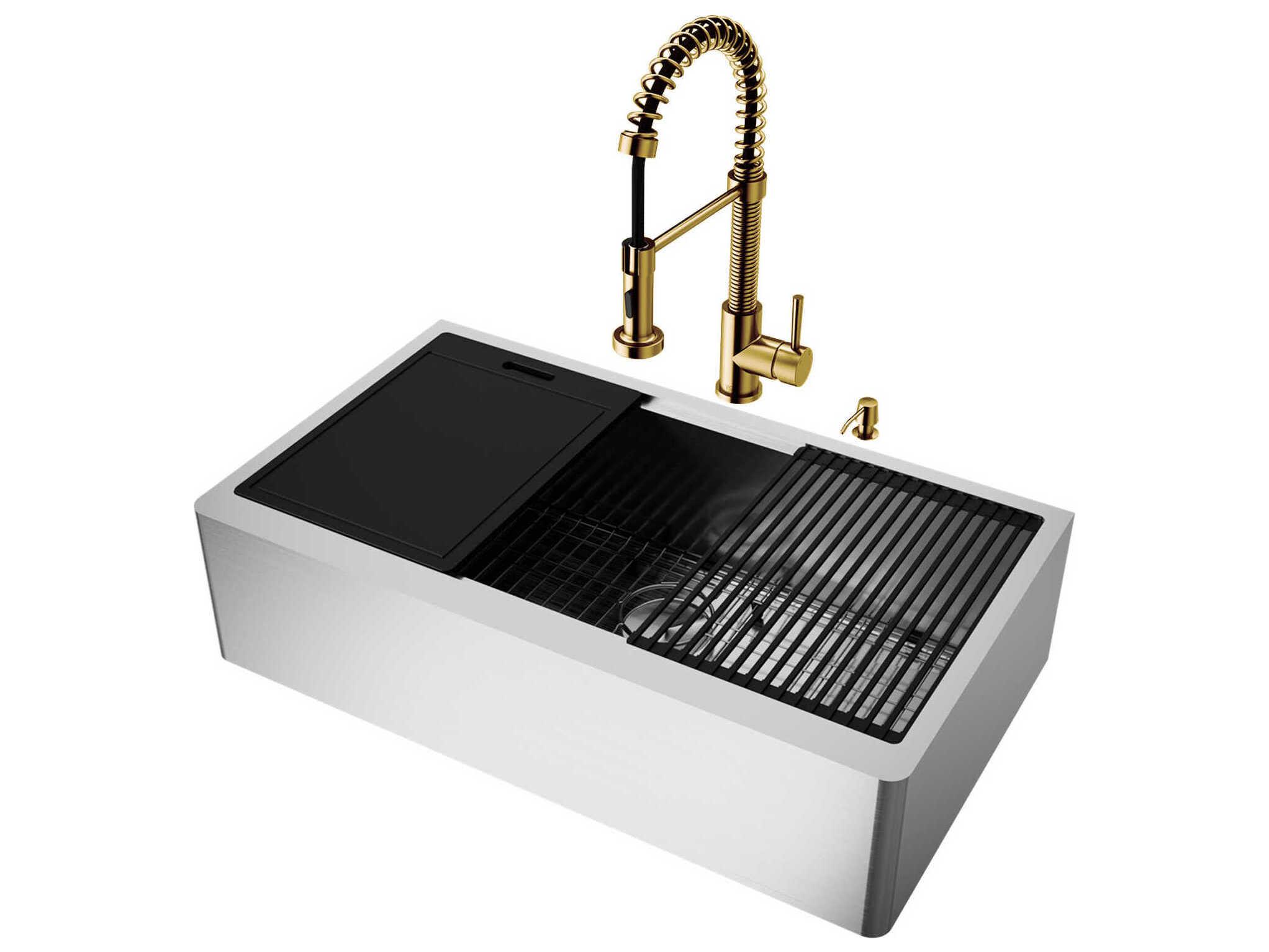 Vigo Oxford Stainless Steel 36" Rectangular Single-Bowl Undermount Flat-Front Farmhouse Kitchen Sink with Matte Gold Pull-Down Sprayer Edison Faucet, Soap Dispenser and Grid