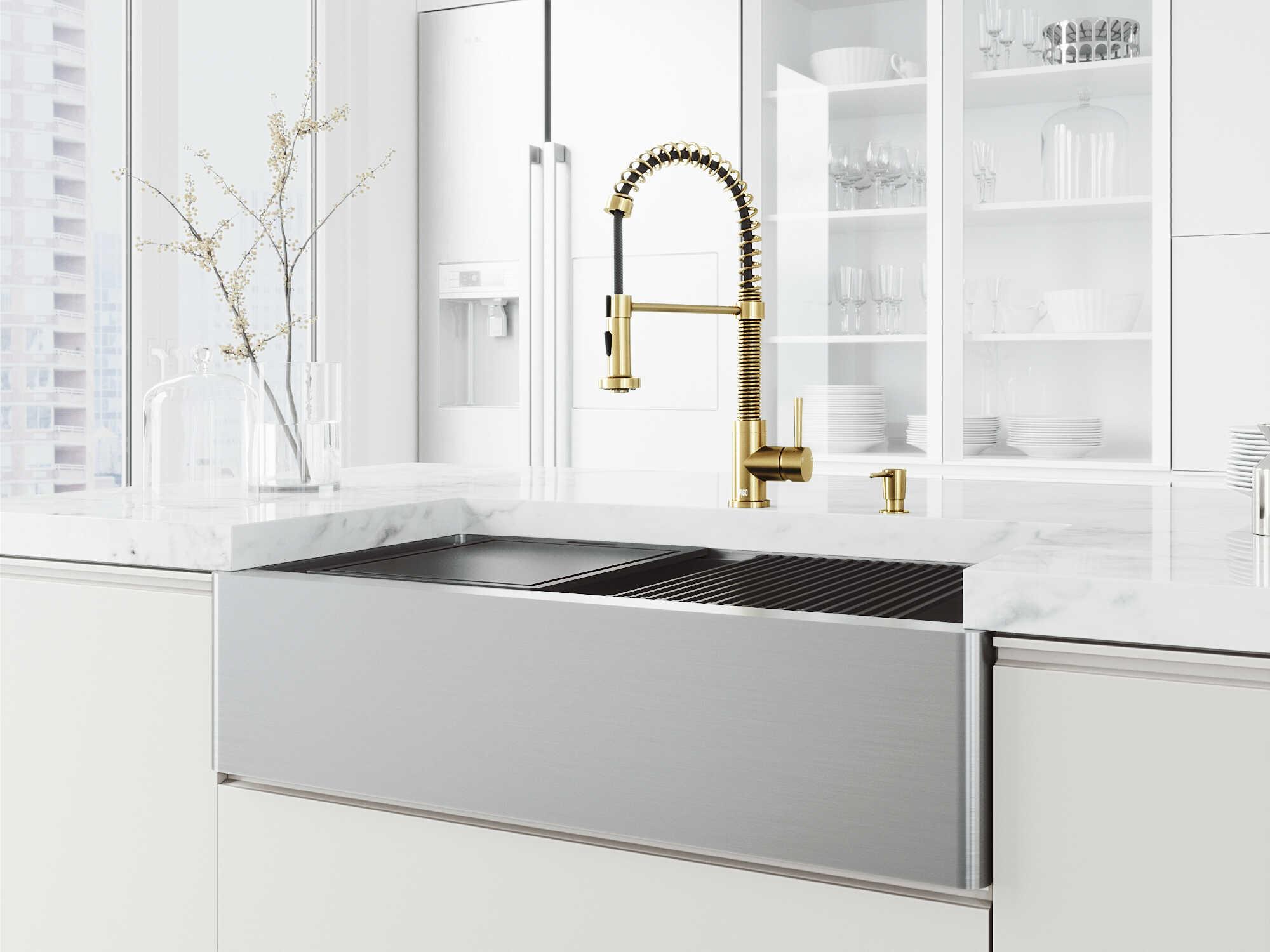 Vigo Oxford Stainless Steel 36" Rectangular Single-Bowl Undermount Flat-Front Farmhouse Kitchen Sink with Matte Gold Pull-Down Sprayer Edison Faucet, Soap Dispenser and Grid
