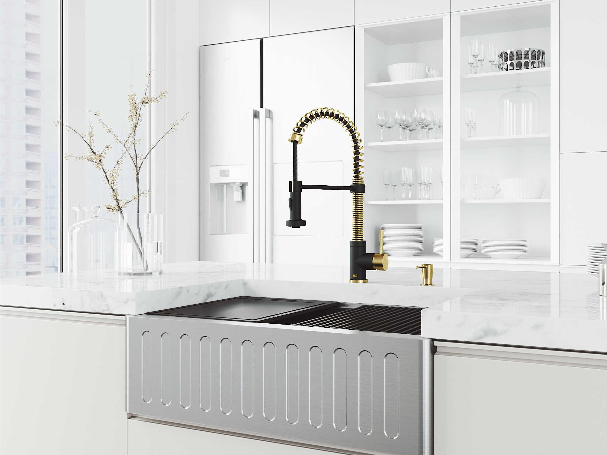 Vigo Oxford Stainless Steel 30" Rectangular Single-Bowl Farmhouse Kitchen Sink with Matte Gold / Matte Black Faucet
