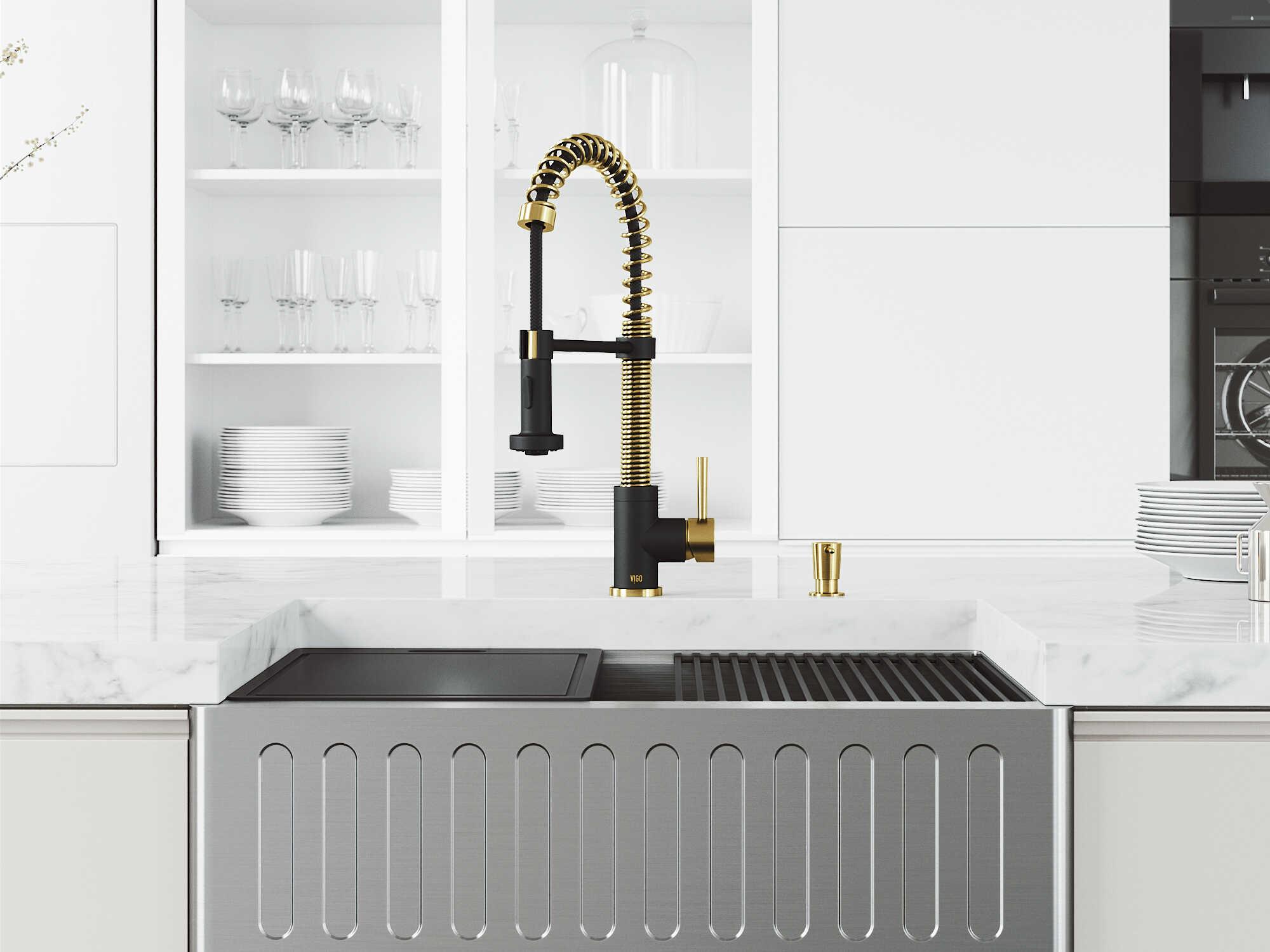 Vigo Oxford Stainless Steel 30" Rectangular Single-Bowl Farmhouse Kitchen Sink with Matte Gold / Matte Black Faucet