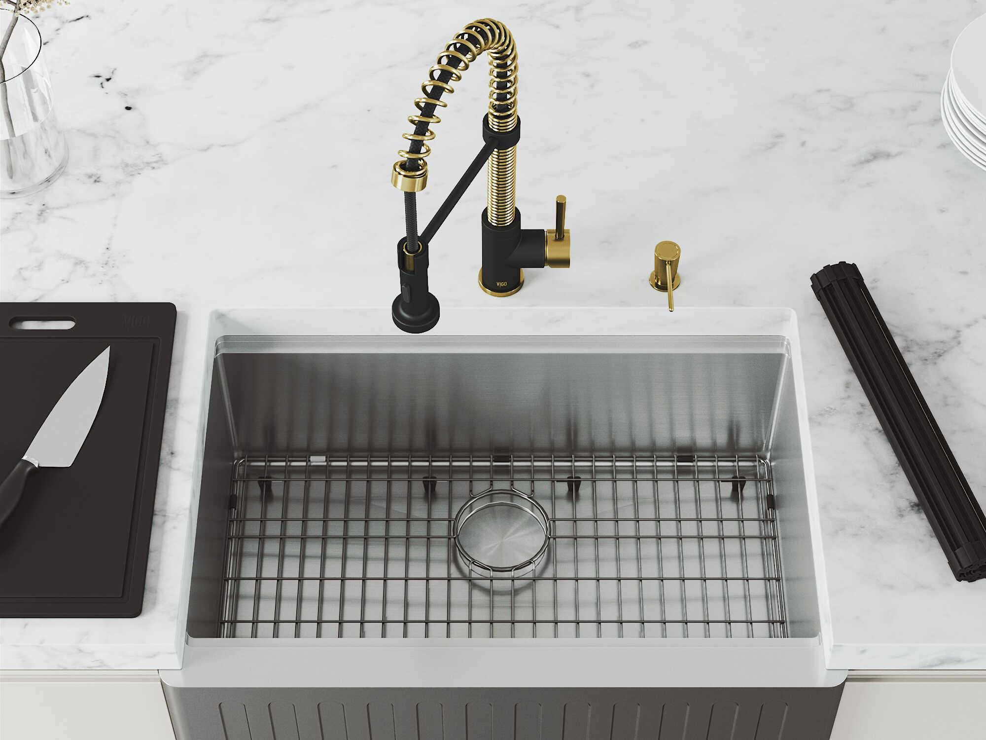 Vigo Oxford Stainless Steel 30" Rectangular Single-Bowl Farmhouse Kitchen Sink with Matte Gold / Matte Black Faucet