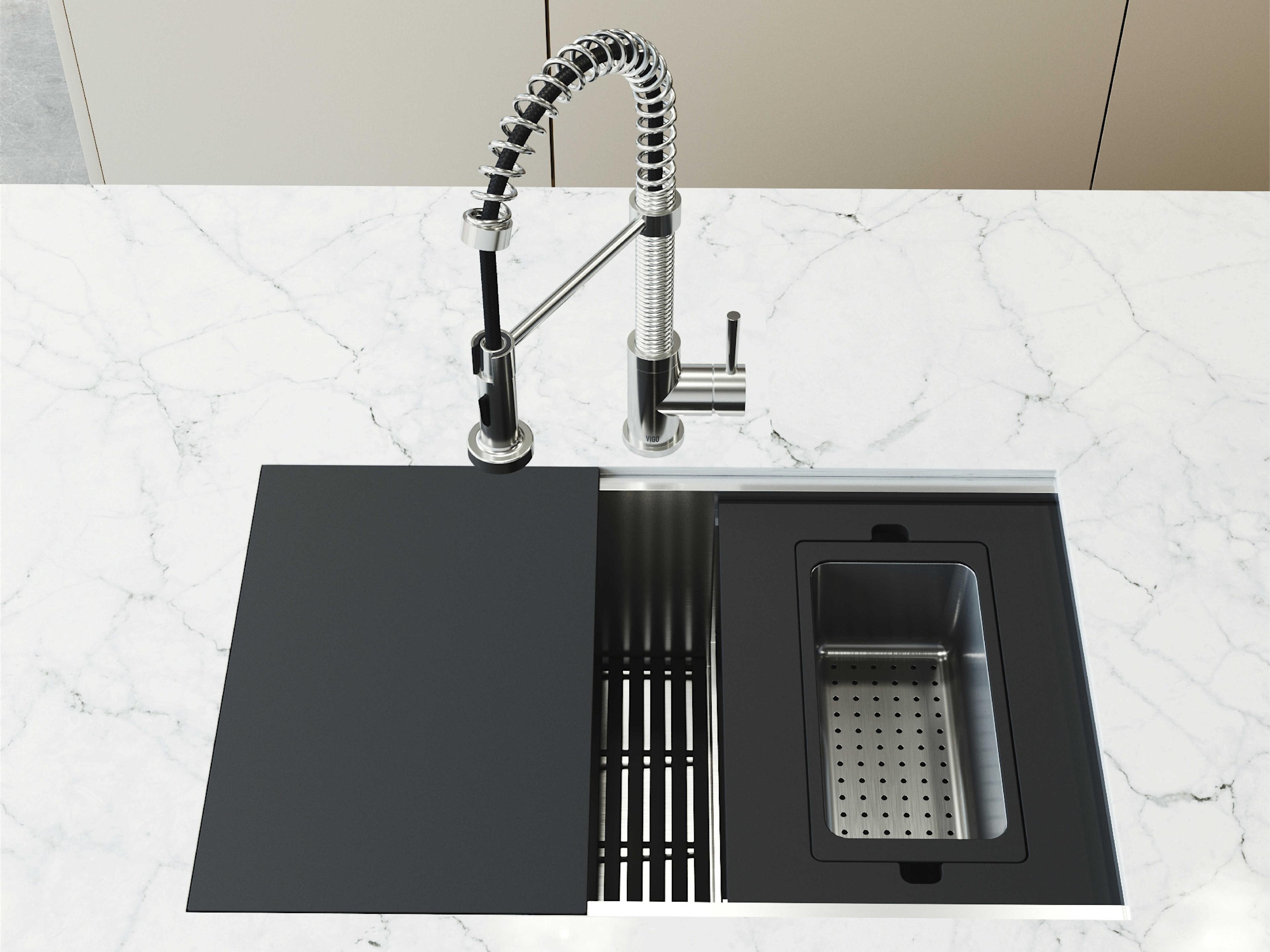 Vigo Hampton Stainless Steel Undermount Workstation Kitchen Sink with Utility Tier Ledge and Accessories