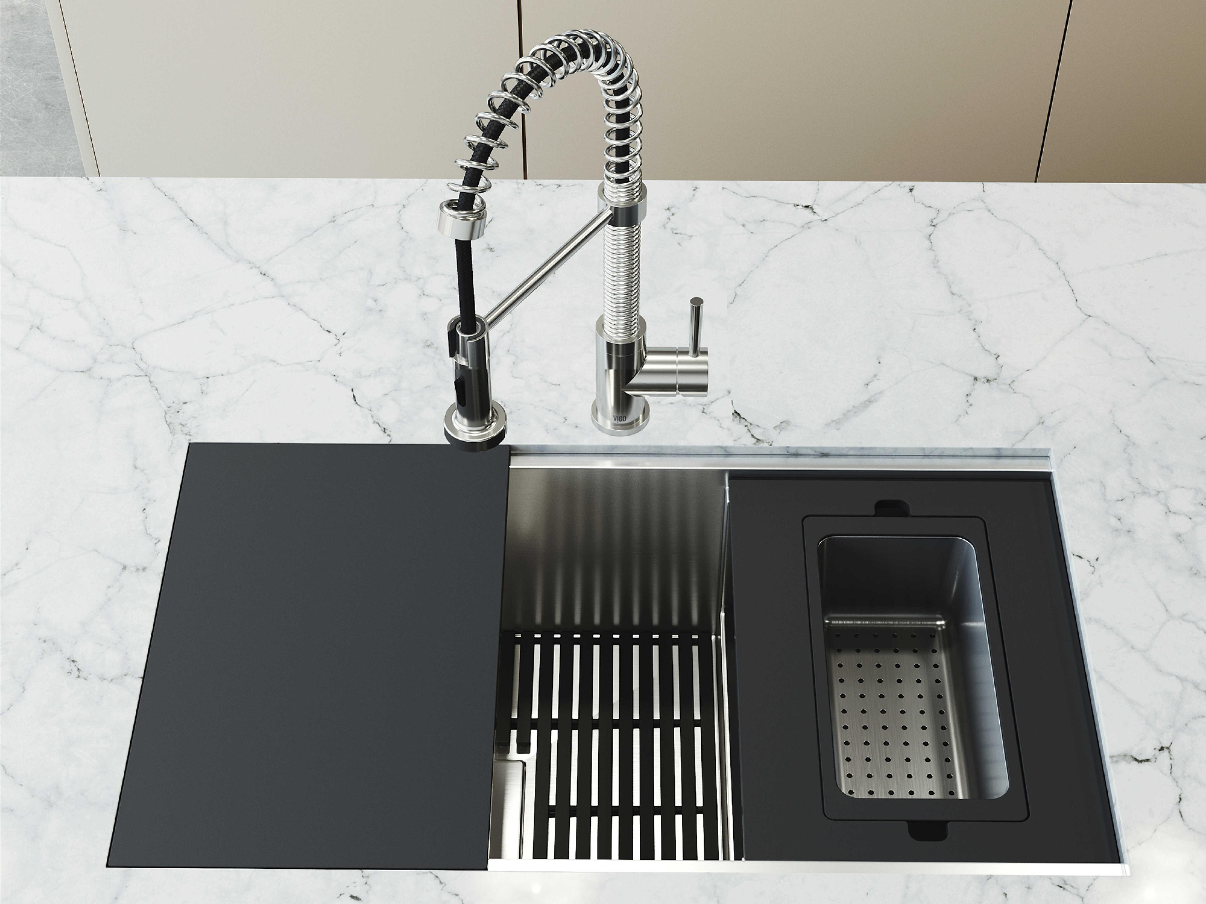 Vigo Hampton Stainless Steel Undermount Workstation Kitchen Sink with Utility Tier Ledge and Accessories