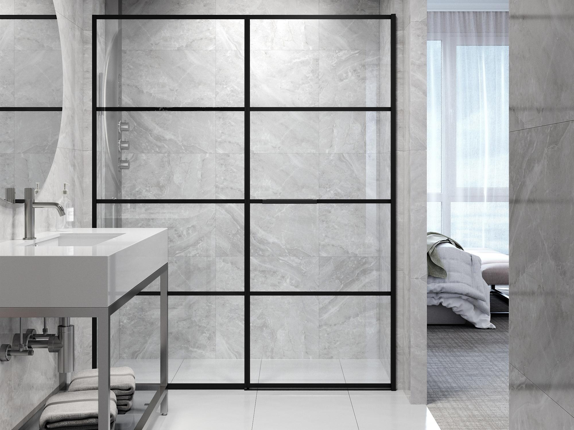 Vigo Meridian Clear Grid Glass Matte Black Hinged Shower Door