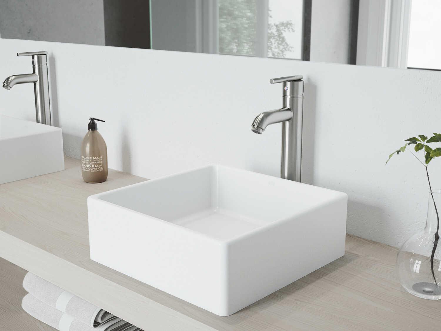 Vigo Dianthus Matte White 15" Square Vessel Bathroom Sink with Brushed Nickel 1-Lever Seville Faucet and Drain