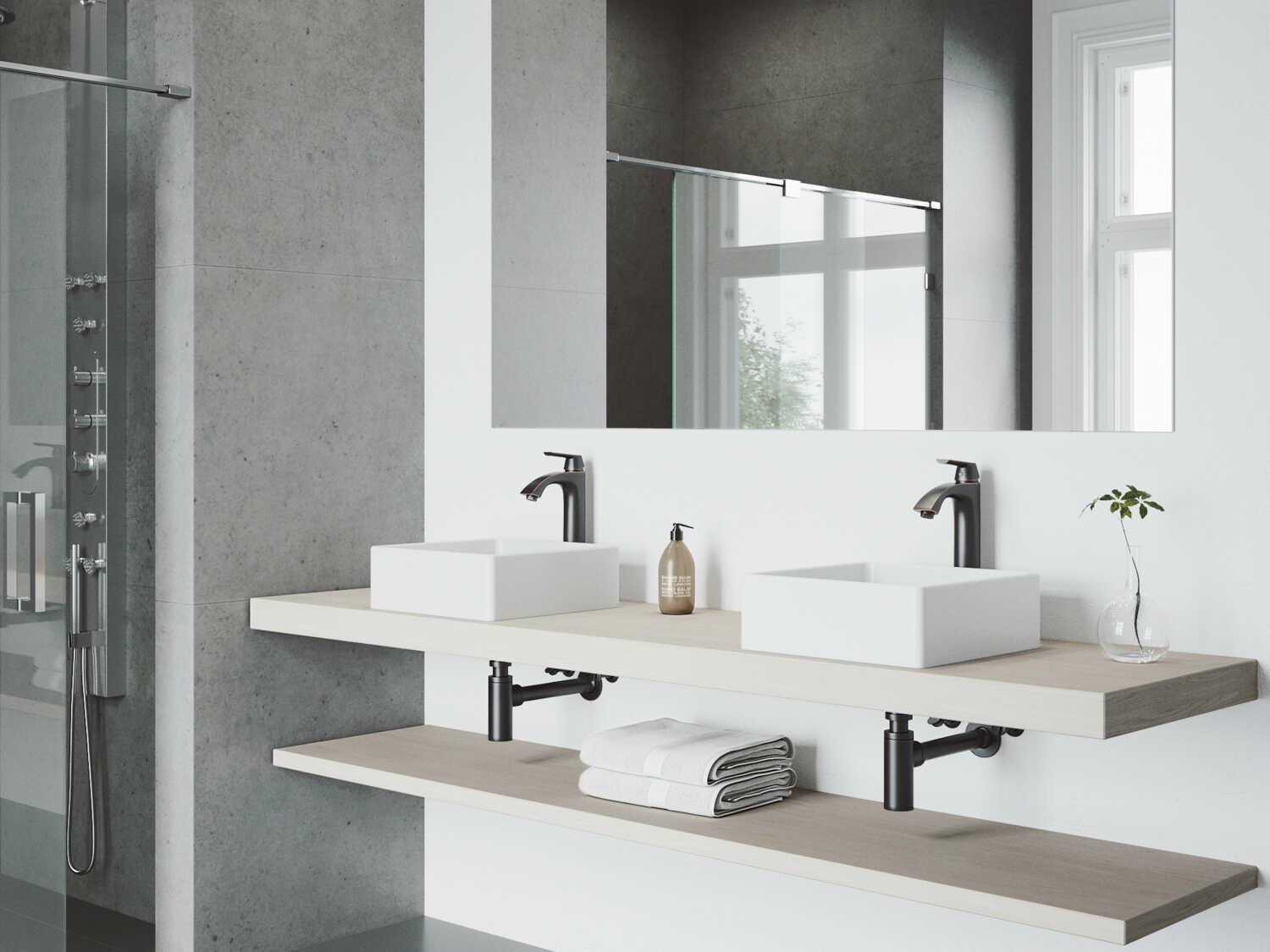 Vigo Dianthus Matte White 15" Square Vessel Bathroom Sink with Antique Rubbed Bronze 1-Lever Linus Faucet and Drain