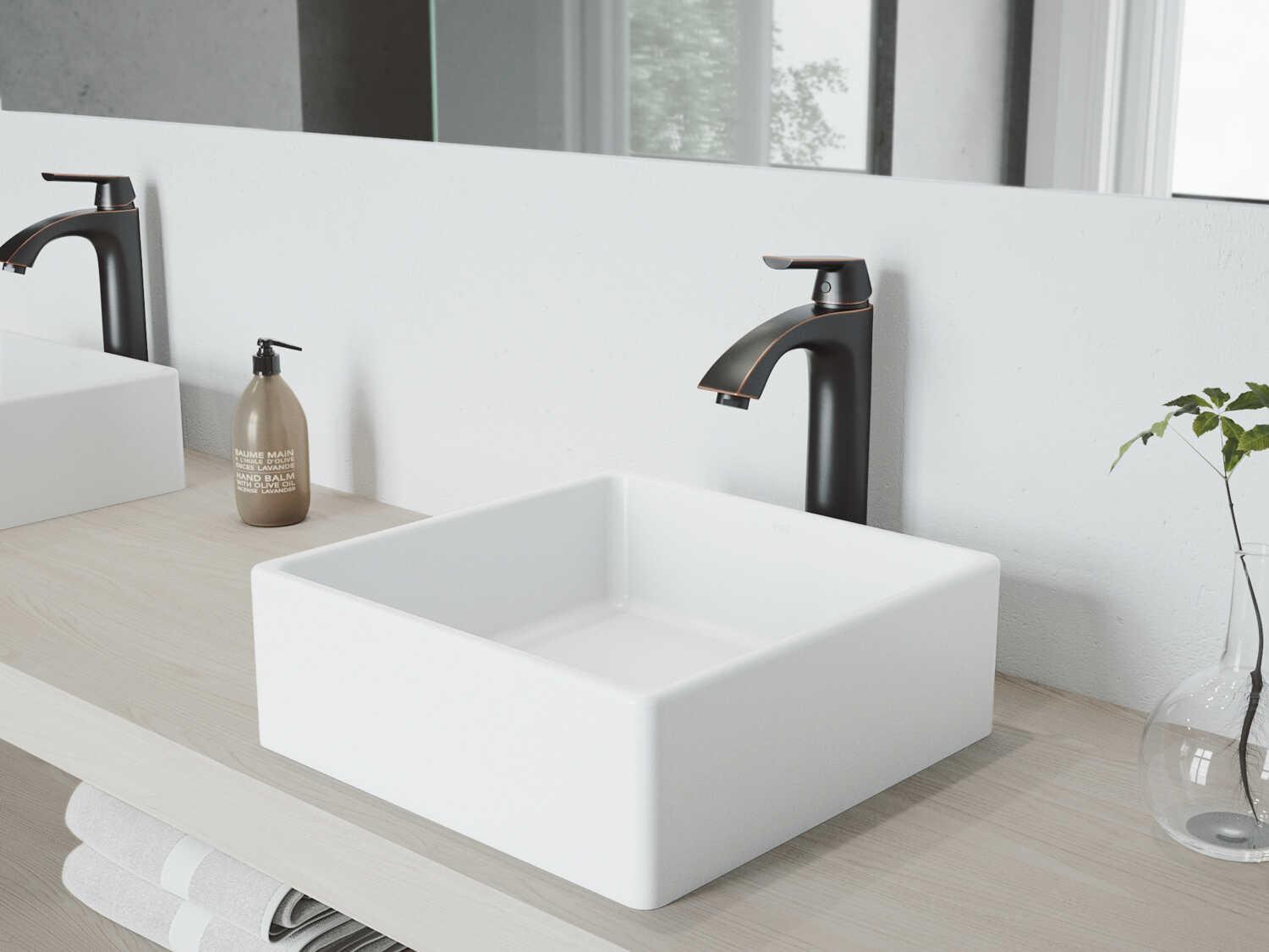 Vigo Dianthus Matte White 15" Square Vessel Bathroom Sink with Antique Rubbed Bronze 1-Lever Linus Faucet and Drain