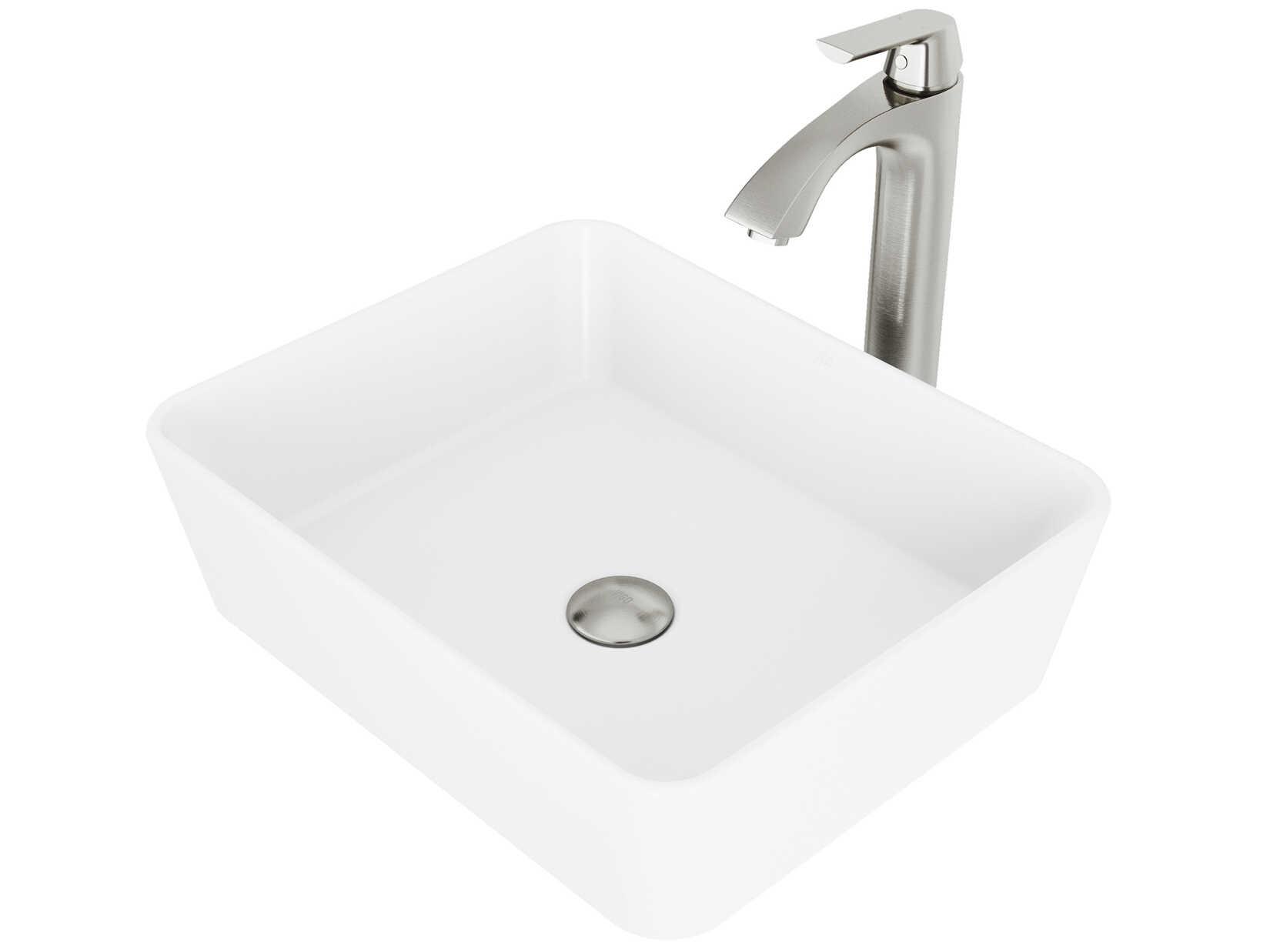 Vigo Marigold Matte White 18" Rectangular Vessel Bathroom Sink with Brushed Nickel 1-Lever Linus Faucet and Drain