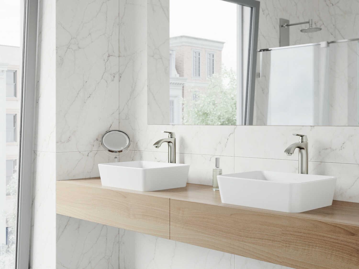 Vigo Marigold Matte White 18" Rectangular Vessel Bathroom Sink with Brushed Nickel 1-Lever Linus Faucet and Drain