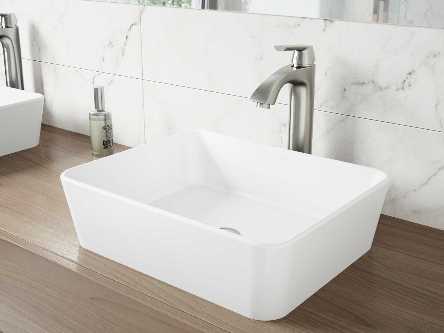 Vigo Marigold Matte White 18" Rectangular Vessel Bathroom Sink with Brushed Nickel 1-Lever Linus Faucet and Drain