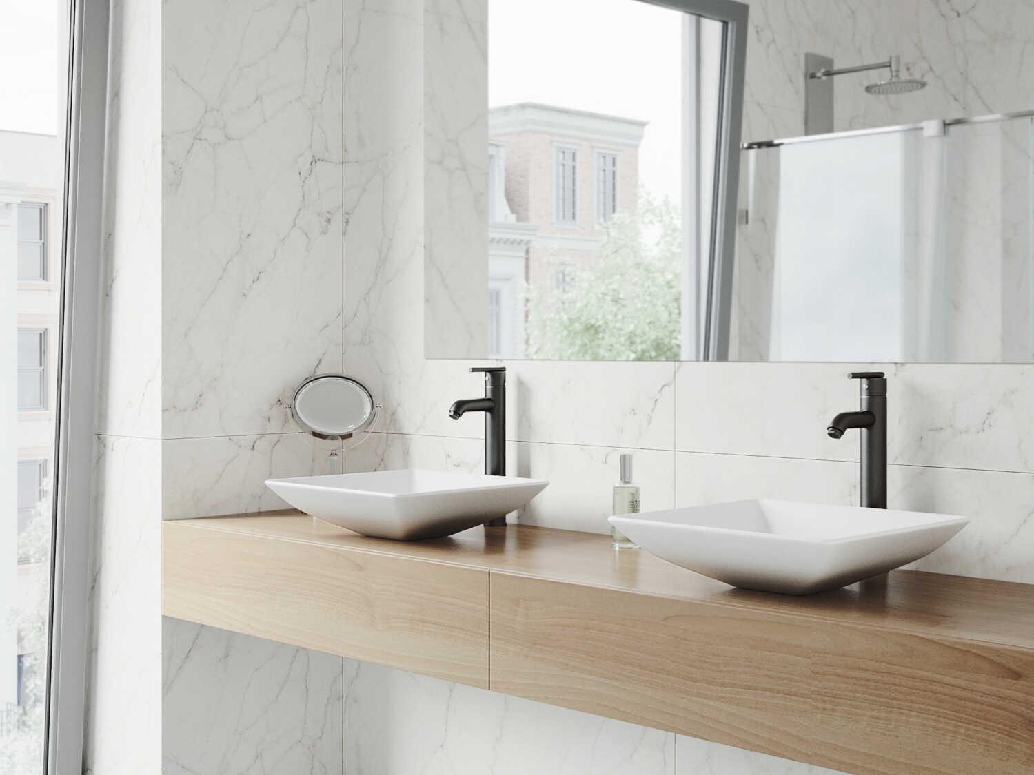 Vigo Hibiscus Matte White 16" Square Vessel Bathroom Sink with Matte Black 1-Lever Seville Faucet and Drain