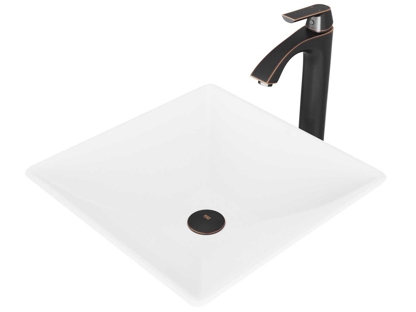 Vigo Hibiscus Matte White 16" Square Vessel Bathroom Sink with Antique Rubbed Bronze 1-Lever Linus Faucet and Drain
