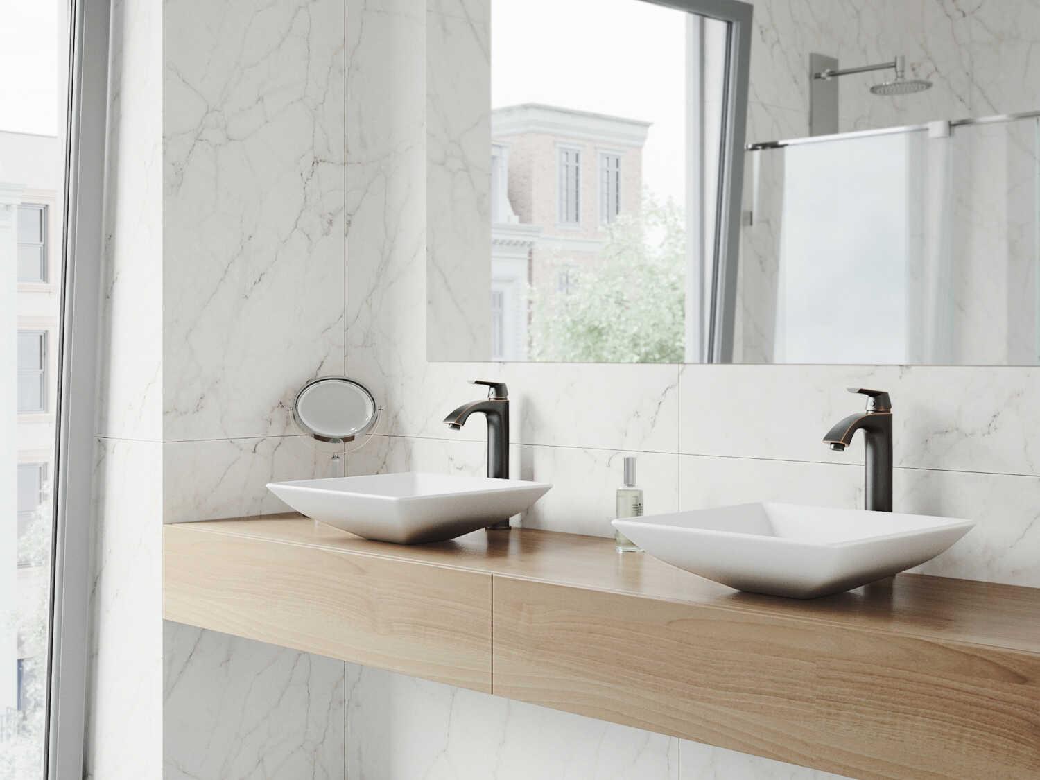 Vigo Hibiscus Matte White 16" Square Vessel Bathroom Sink with Antique Rubbed Bronze 1-Lever Linus Faucet and Drain