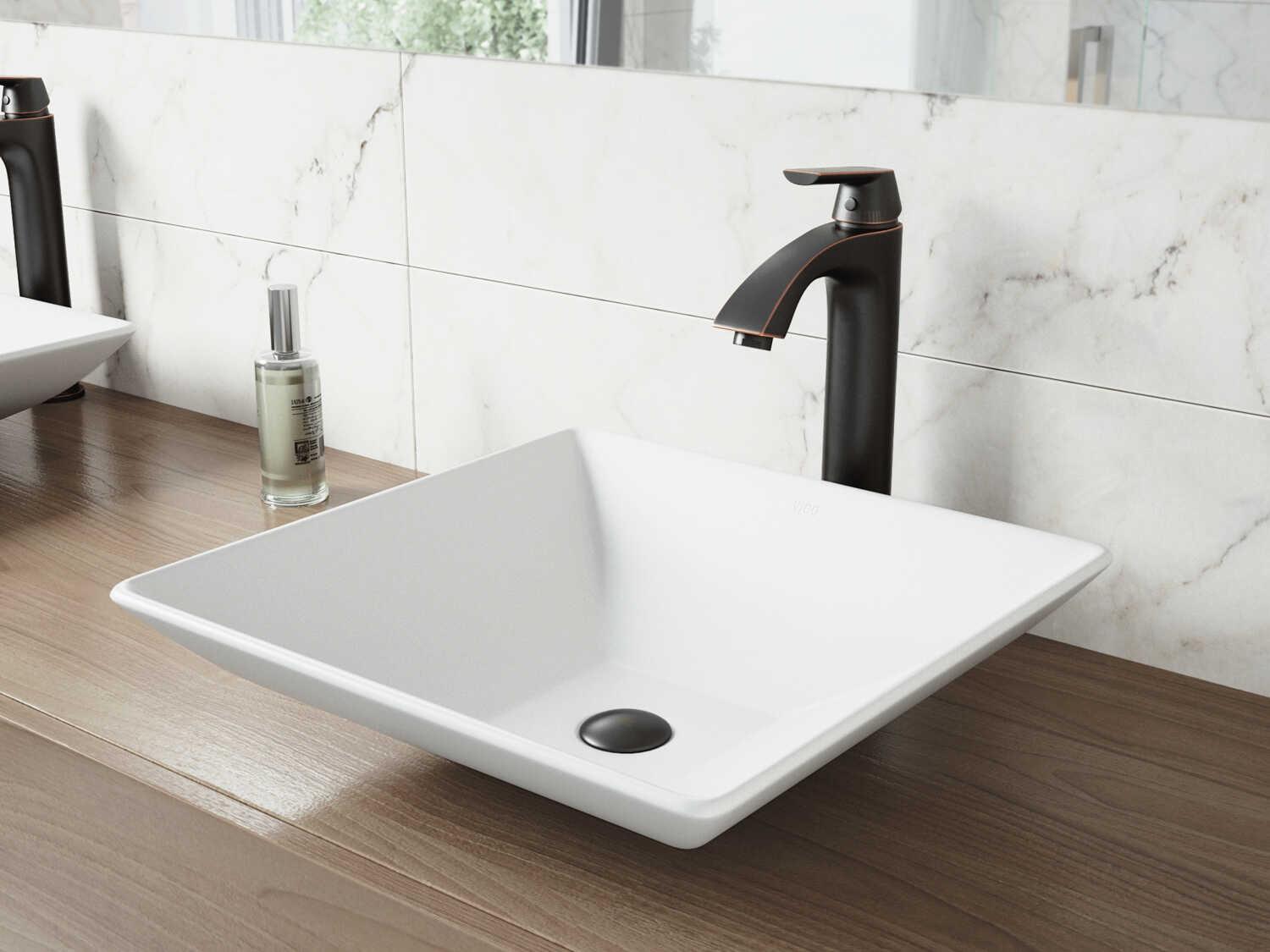 Vigo Hibiscus Matte White 16" Square Vessel Bathroom Sink with Antique Rubbed Bronze 1-Lever Linus Faucet and Drain