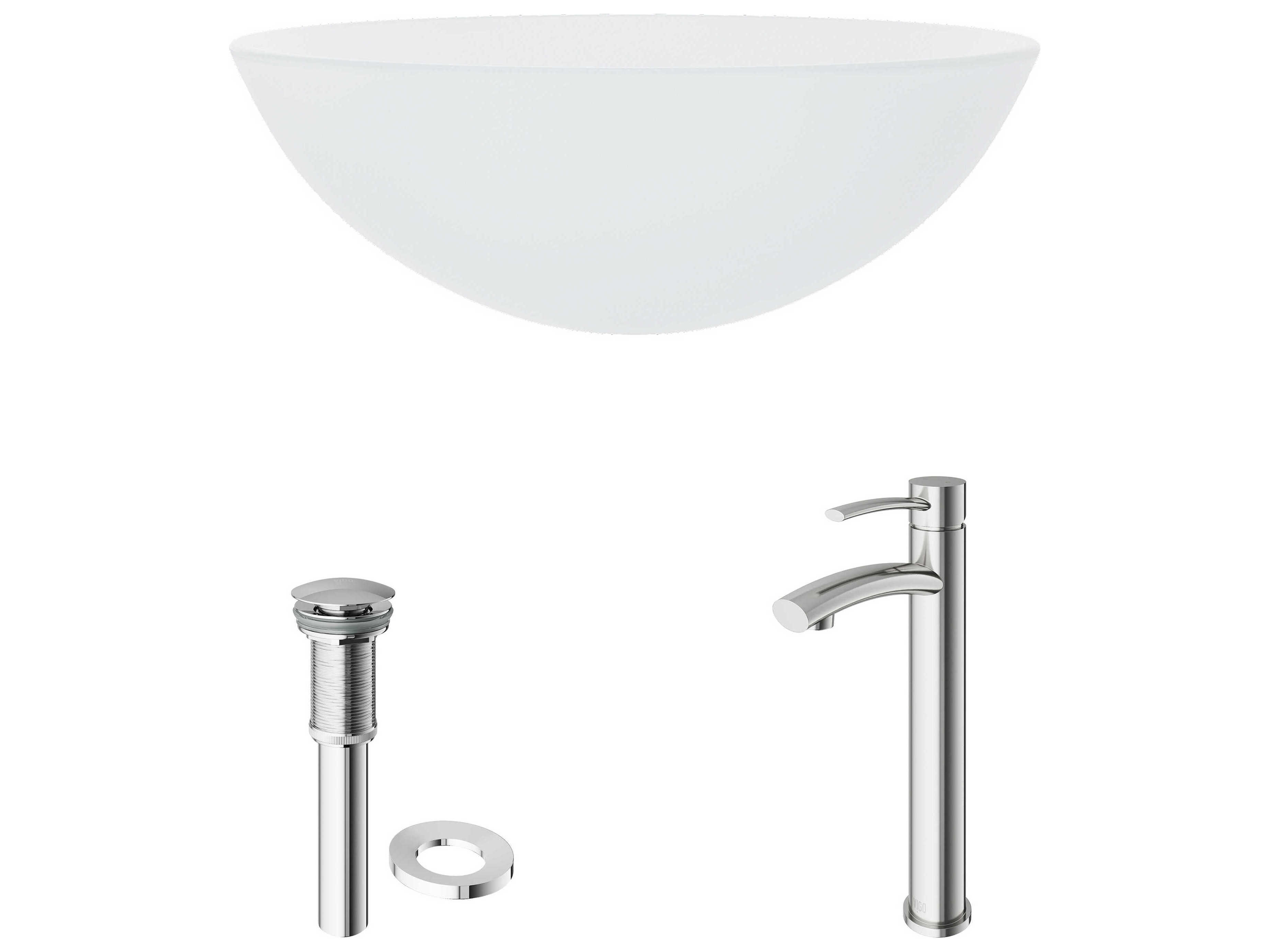 Vigo White Frost Glass Round Vessel Bathroom Sink with Milo Faucet and Pop-Up Drain