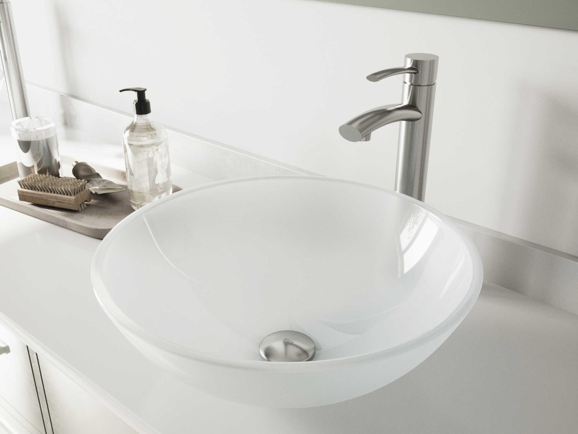 Vigo White Frost Glass Round Vessel Bathroom Sink with Milo Faucet and Pop-Up Drain