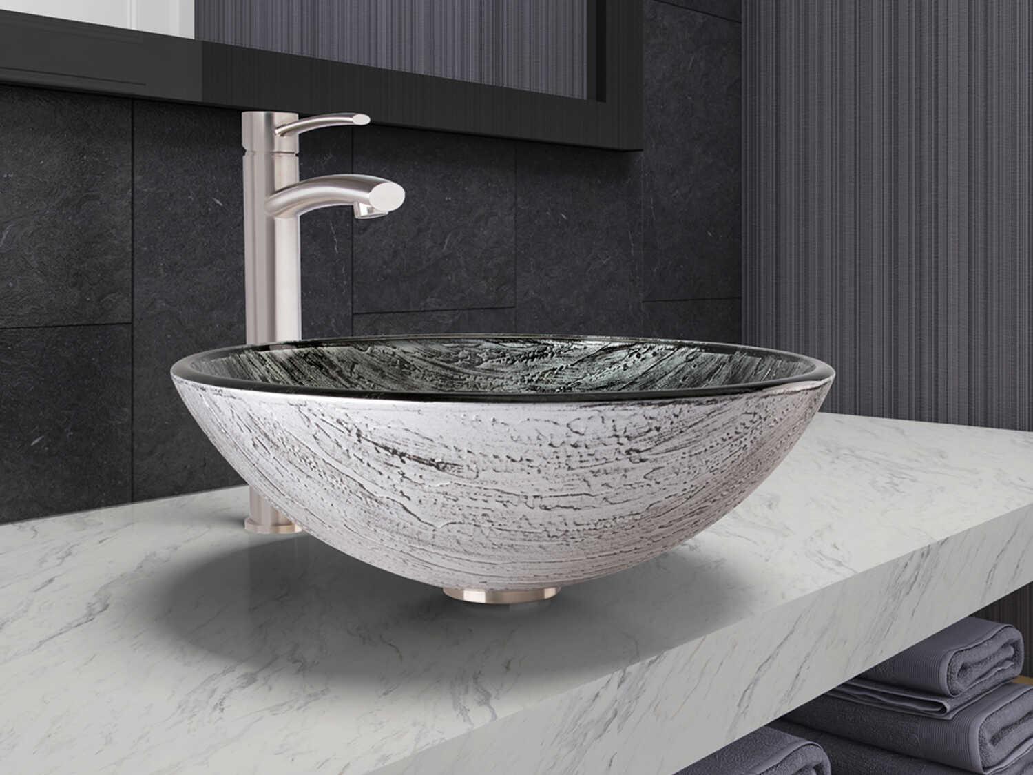 Vigo Titanium Glass Round Vessel Bathroom Sink with Milo Faucet and Pop-Up Drain
