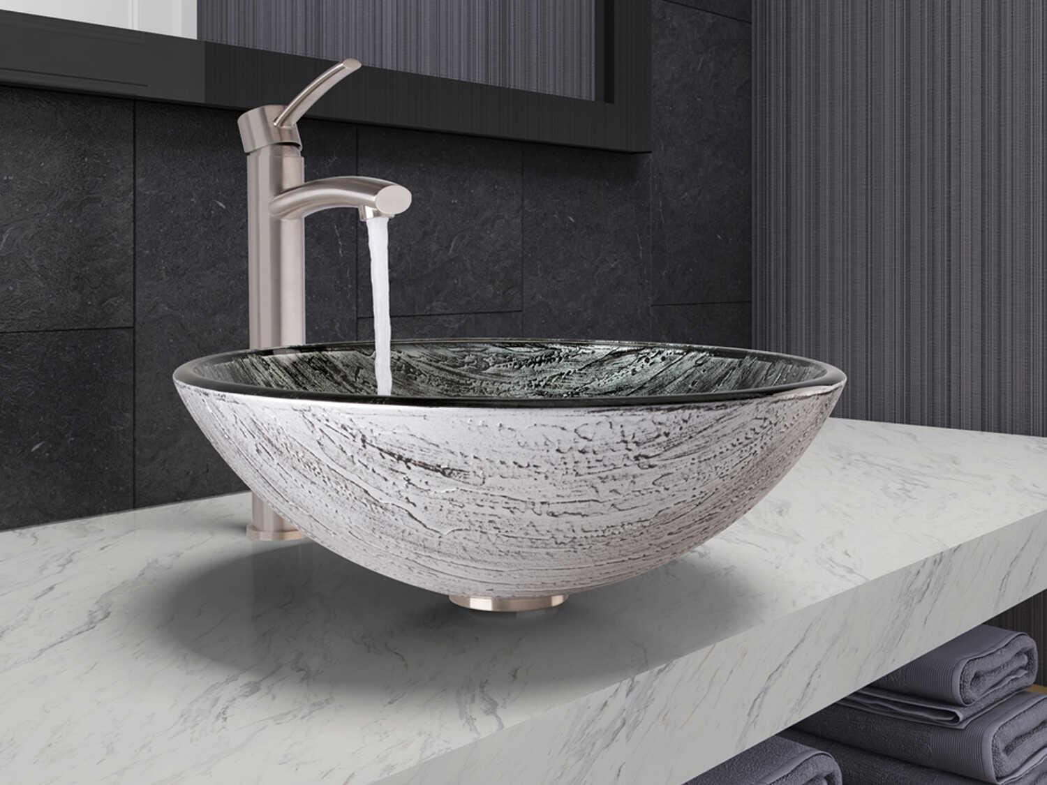 Vigo Titanium Glass Round Vessel Bathroom Sink with Milo Faucet and Pop-Up Drain