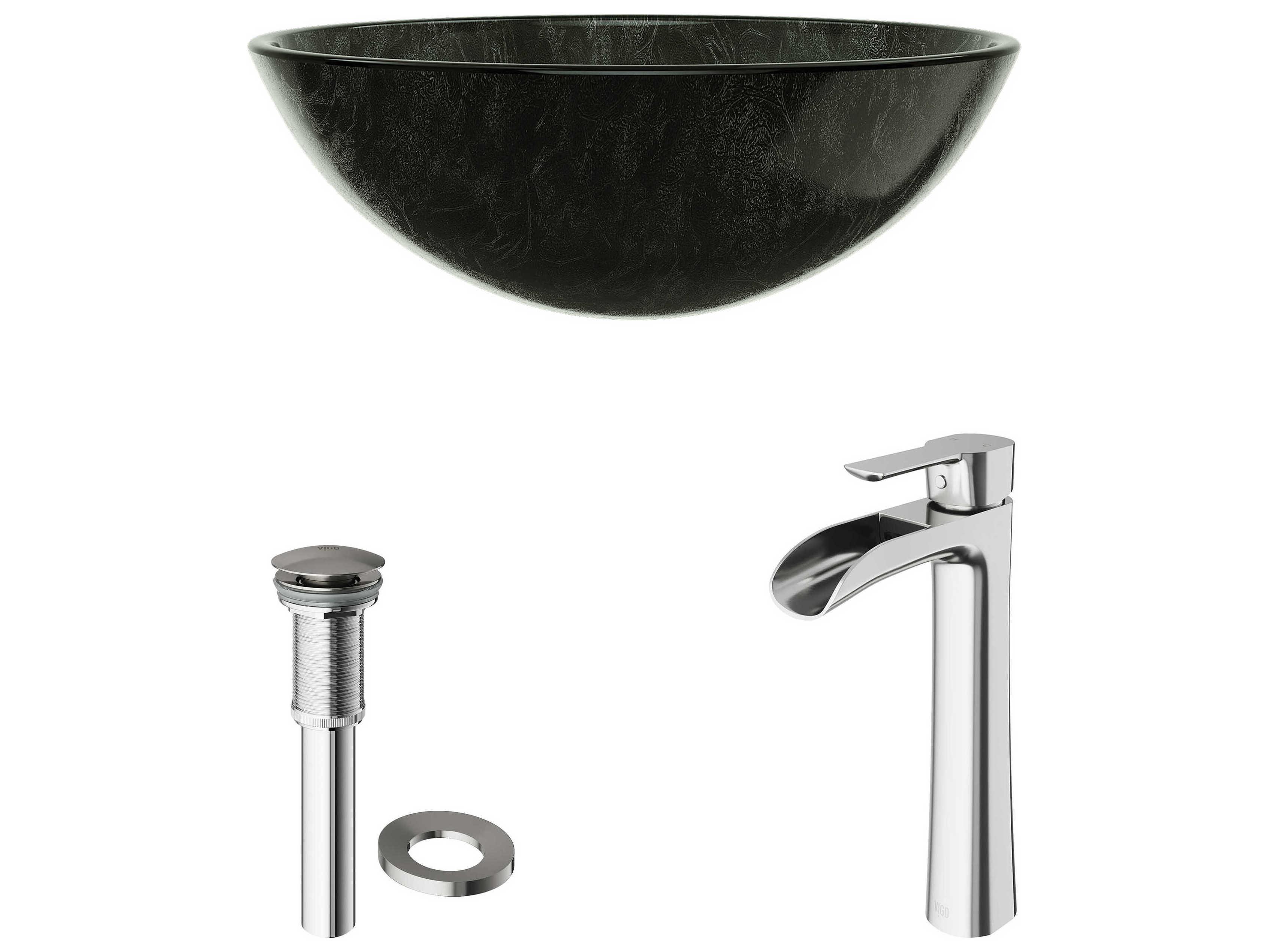Vigo Onyx Gray 17" Round Vessel Bathroom Sink with Brushed Nickel 1-Lever Niko Faucet and Drain