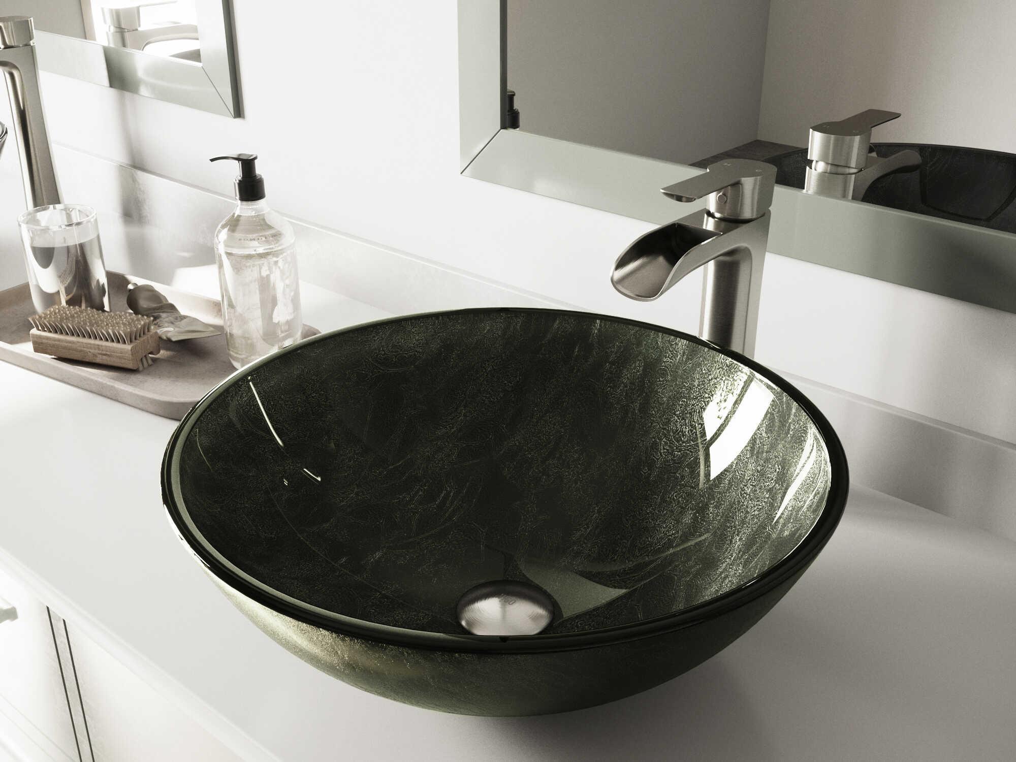 Vigo Onyx Gray 17" Round Vessel Bathroom Sink with Brushed Nickel 1-Lever Niko Faucet and Drain