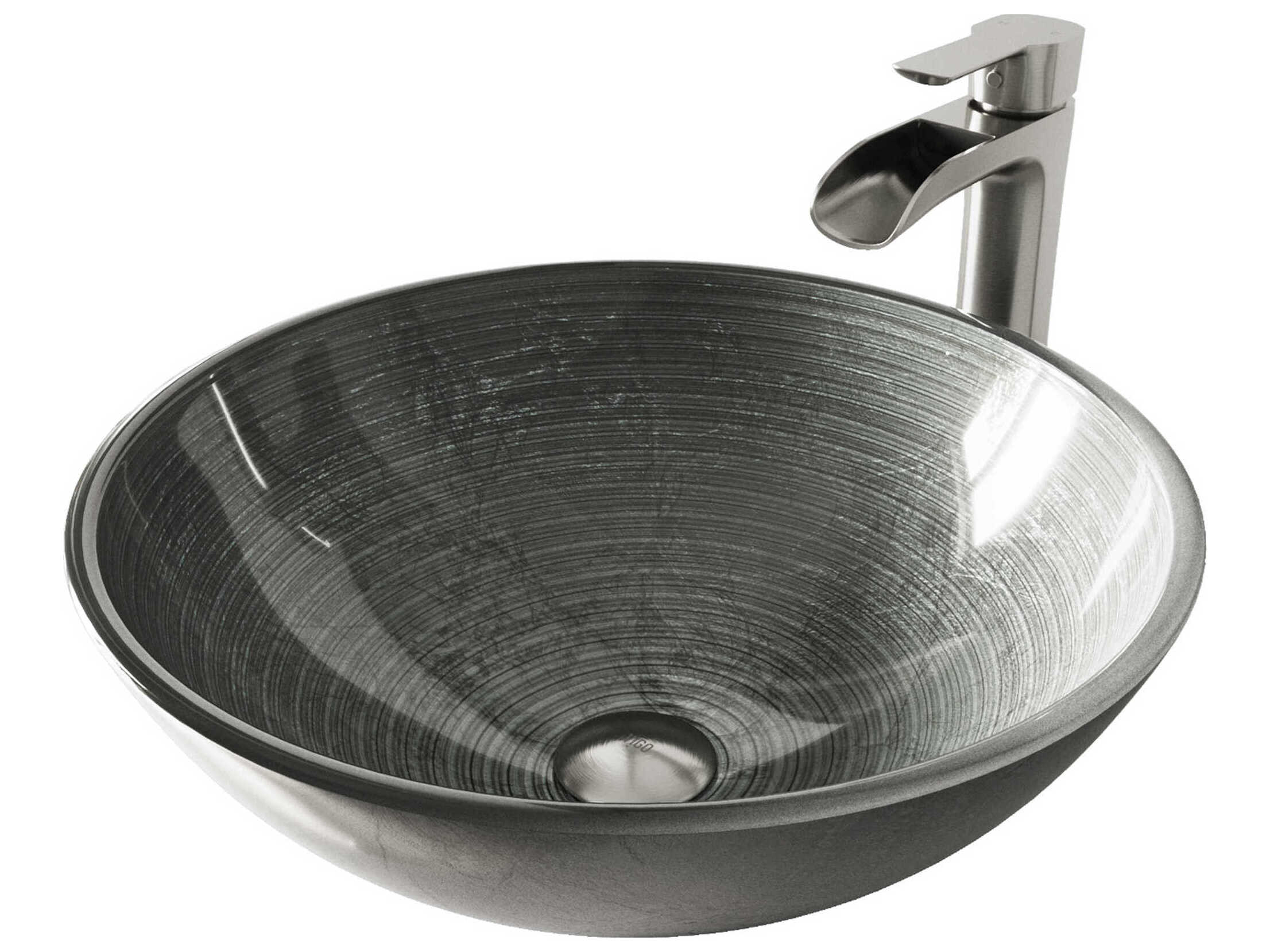 Vigo Simply Silver 17" Round Vessel Bathroom Sink with Brushed Nickel 1-Lever Niko Faucet and Drain