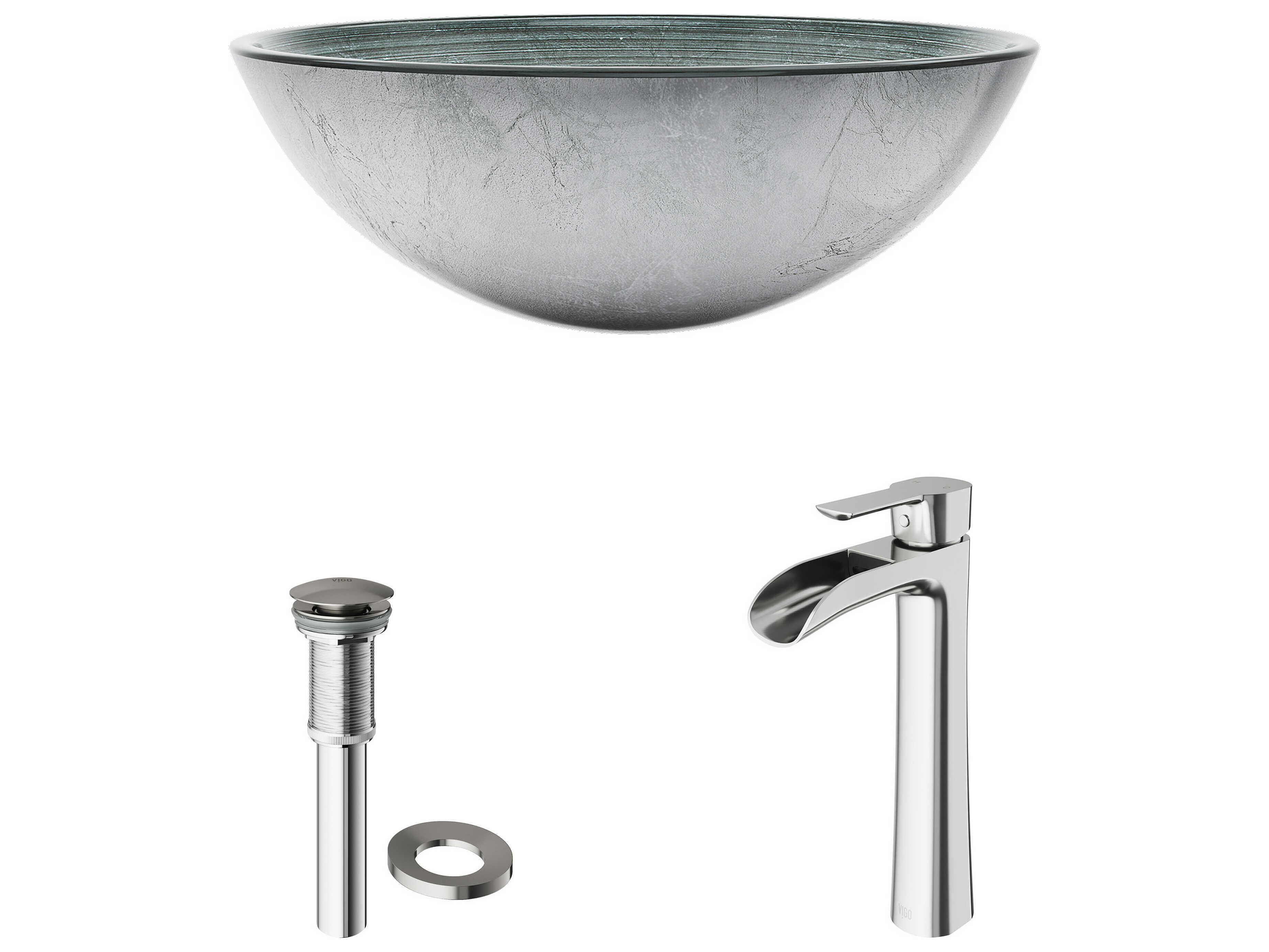 Vigo Simply Silver 17" Round Vessel Bathroom Sink with Brushed Nickel 1-Lever Niko Faucet and Drain