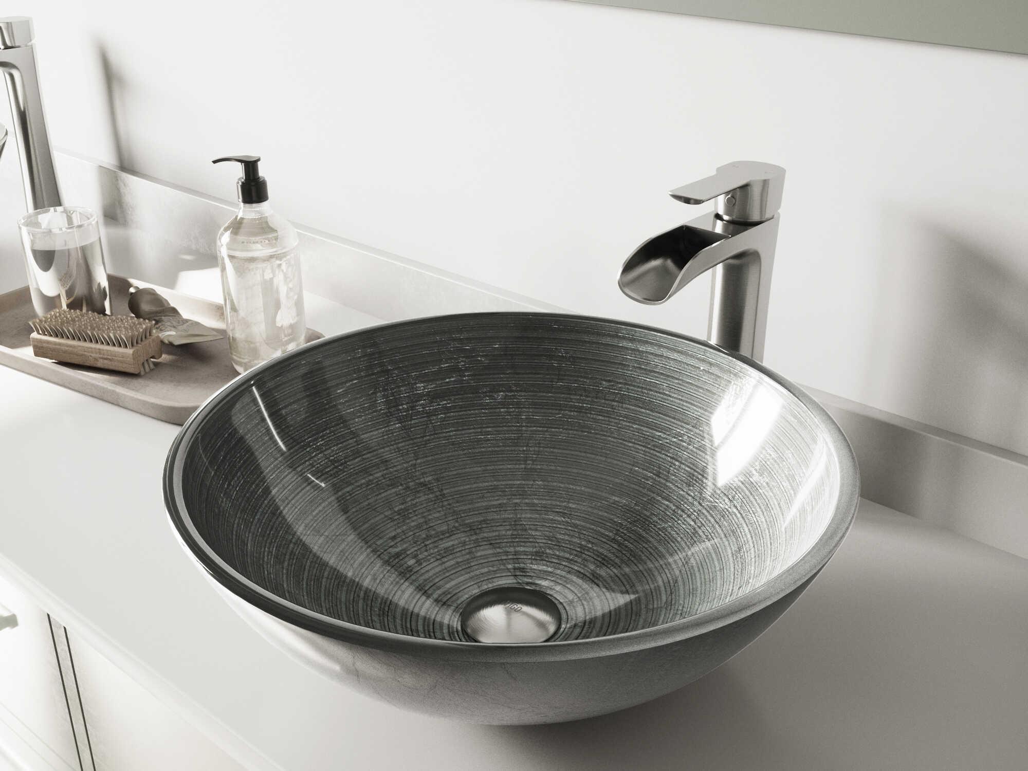 Vigo Simply Silver 17" Round Vessel Bathroom Sink with Brushed Nickel 1-Lever Niko Faucet and Drain