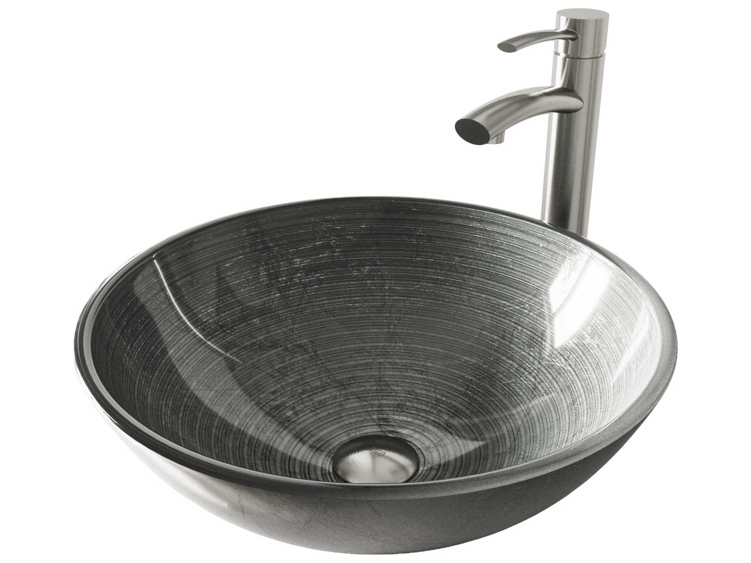 Vigo Simply Silver Round Vessel Bathroom Sink with Milo Faucet and Pop-Up Drain